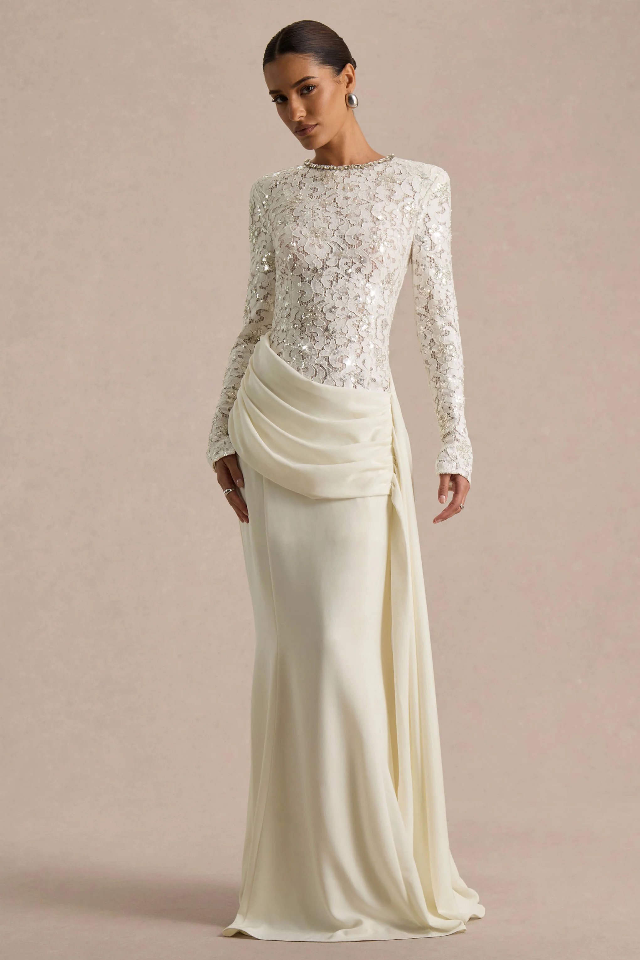 Beau | Ecru Lace Embellished Crew-Neck Maxi Dress With Draped Detail