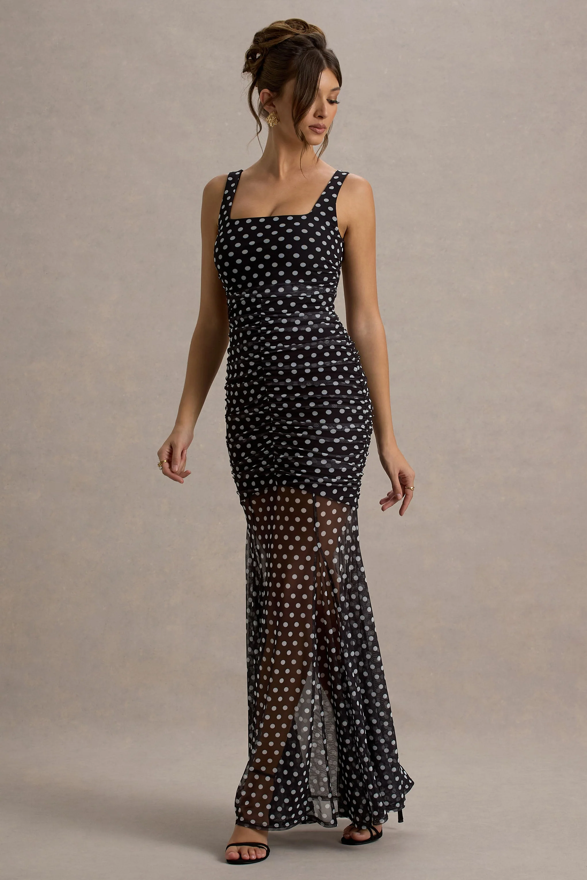 Galaxia | Black & White Polka Dot Maxi Dress With Mesh Skirt