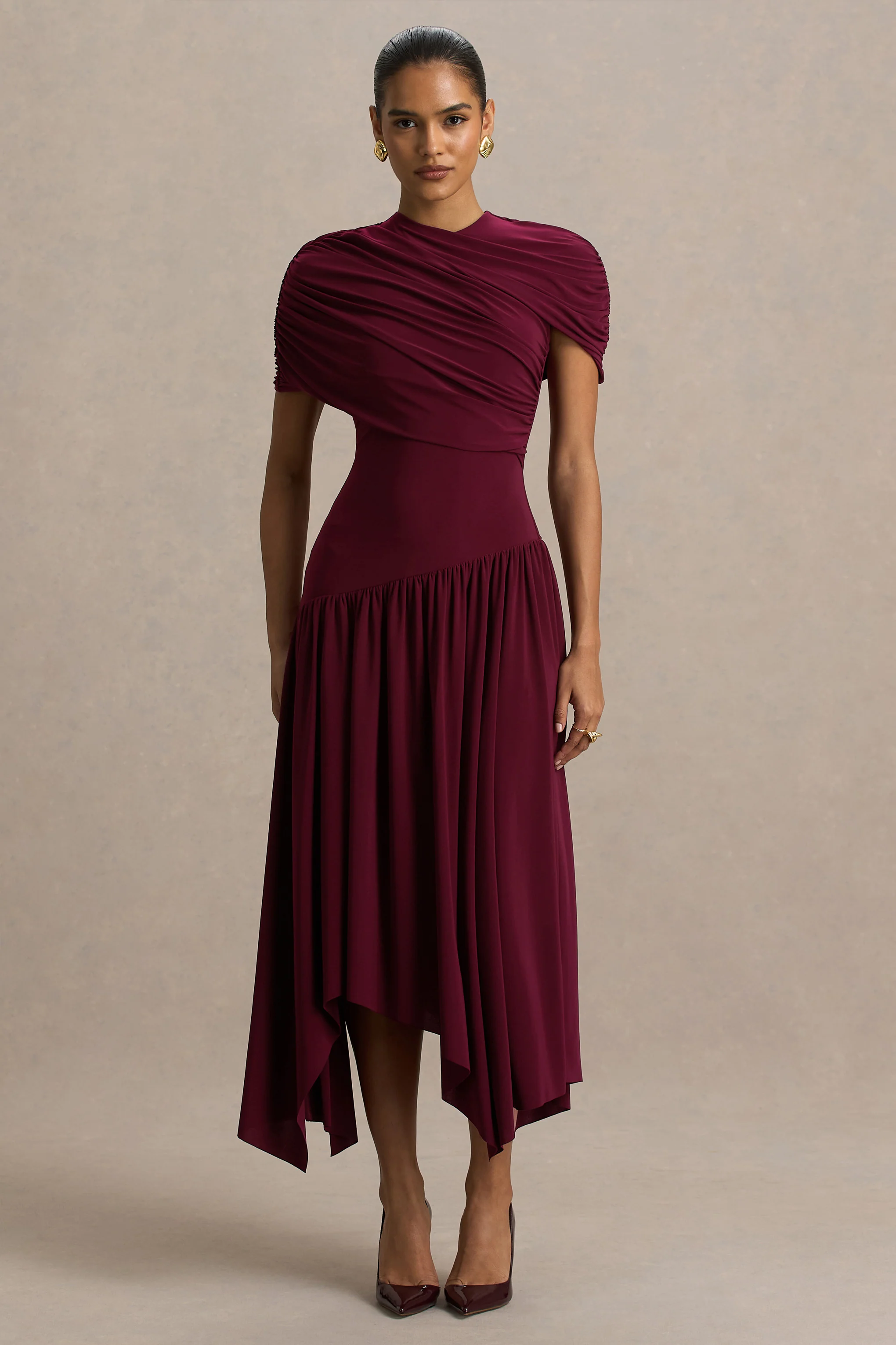 Ione | Burgundy Wrapped Midi Dress With Hanky Hem