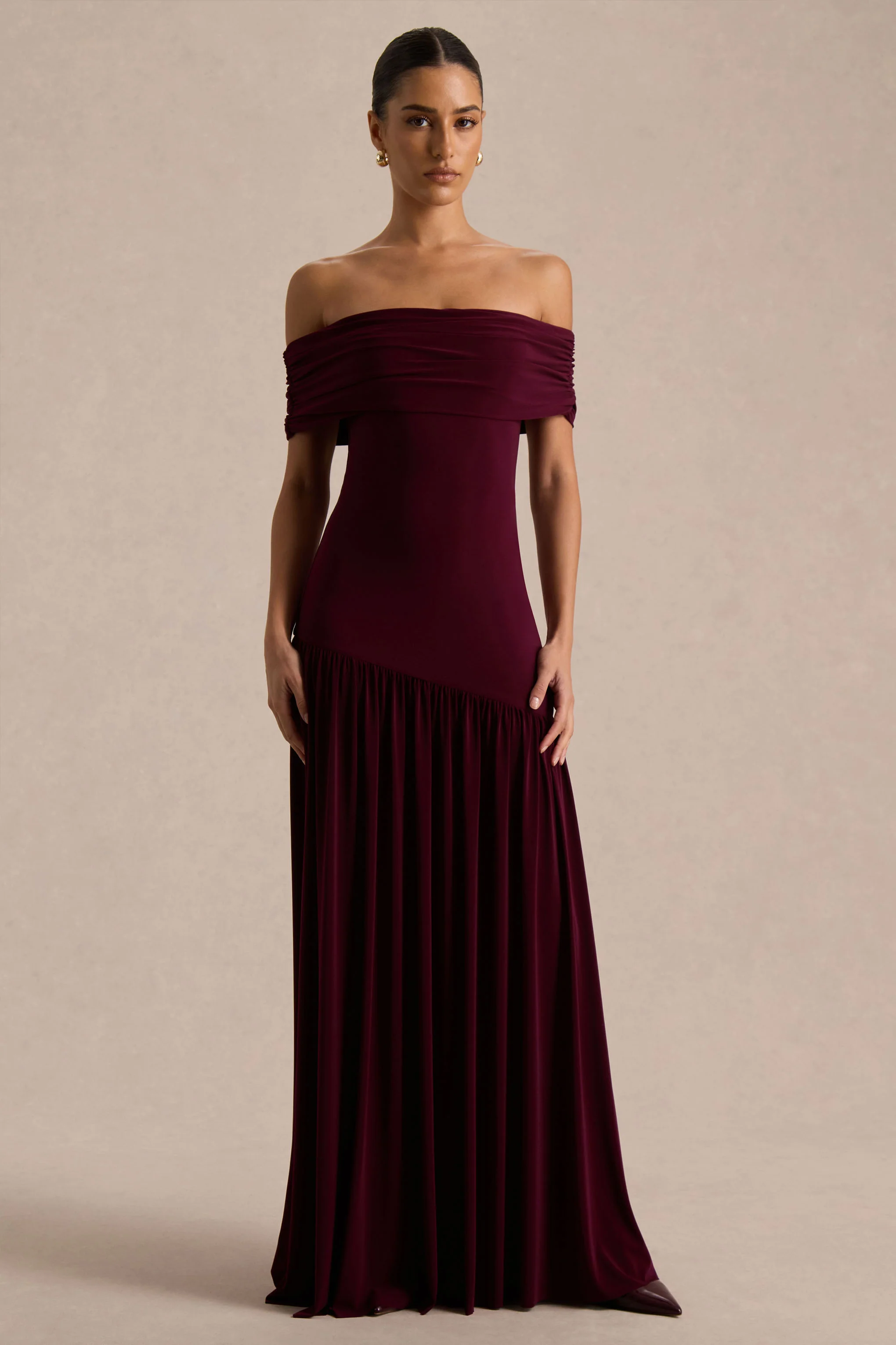 Venezia | Burgundy Bardot Maxi Dress With Drop-Waist