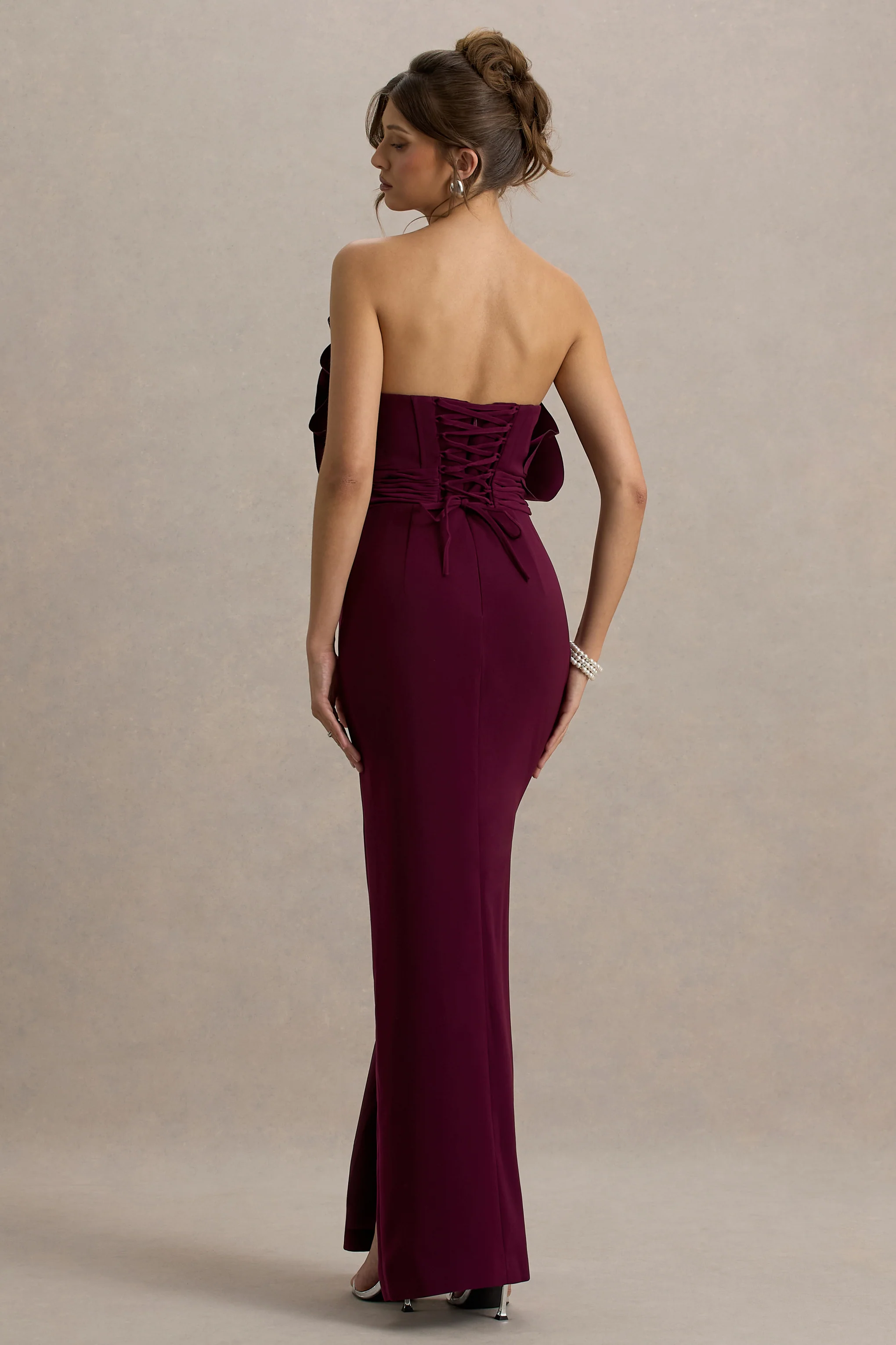 Set The Bar | Plum Ruffled Strapless Split Maxi Dress