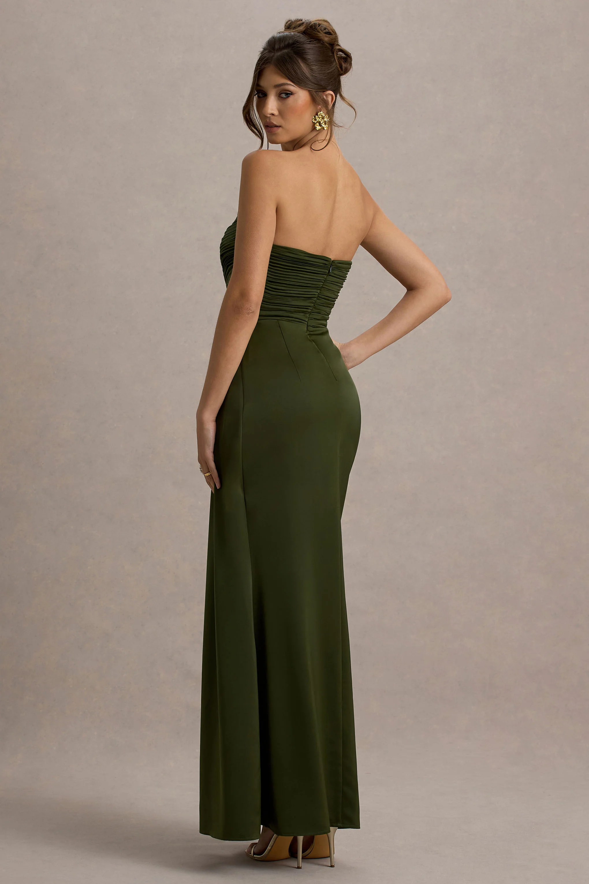 Edel | Olive Satin Strapless Maxi Dress With Drape