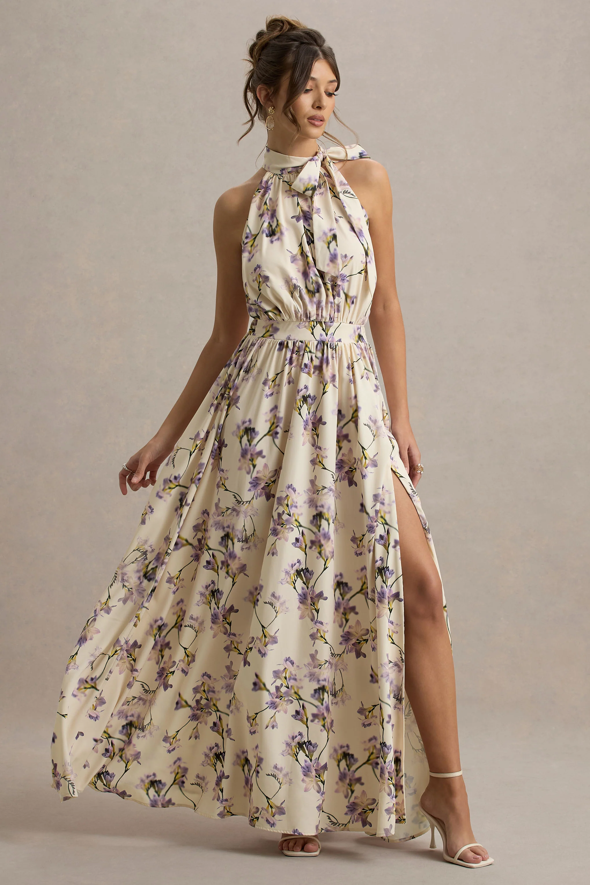 Talia | Lemon Floral Print High-Neck Split Maxi Dress With Bow