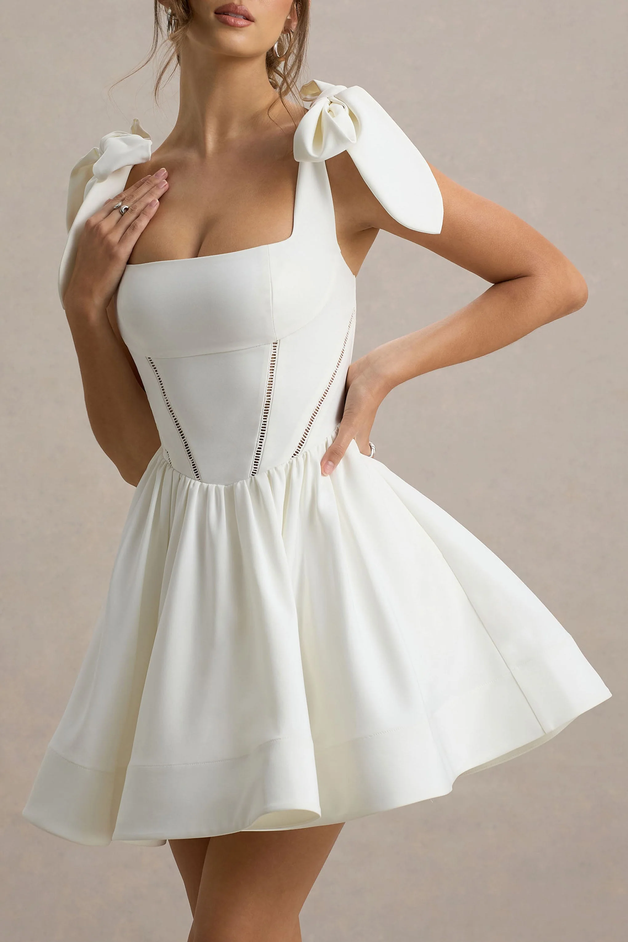 Mochi | White Skater Mini Dress With Bow Straps