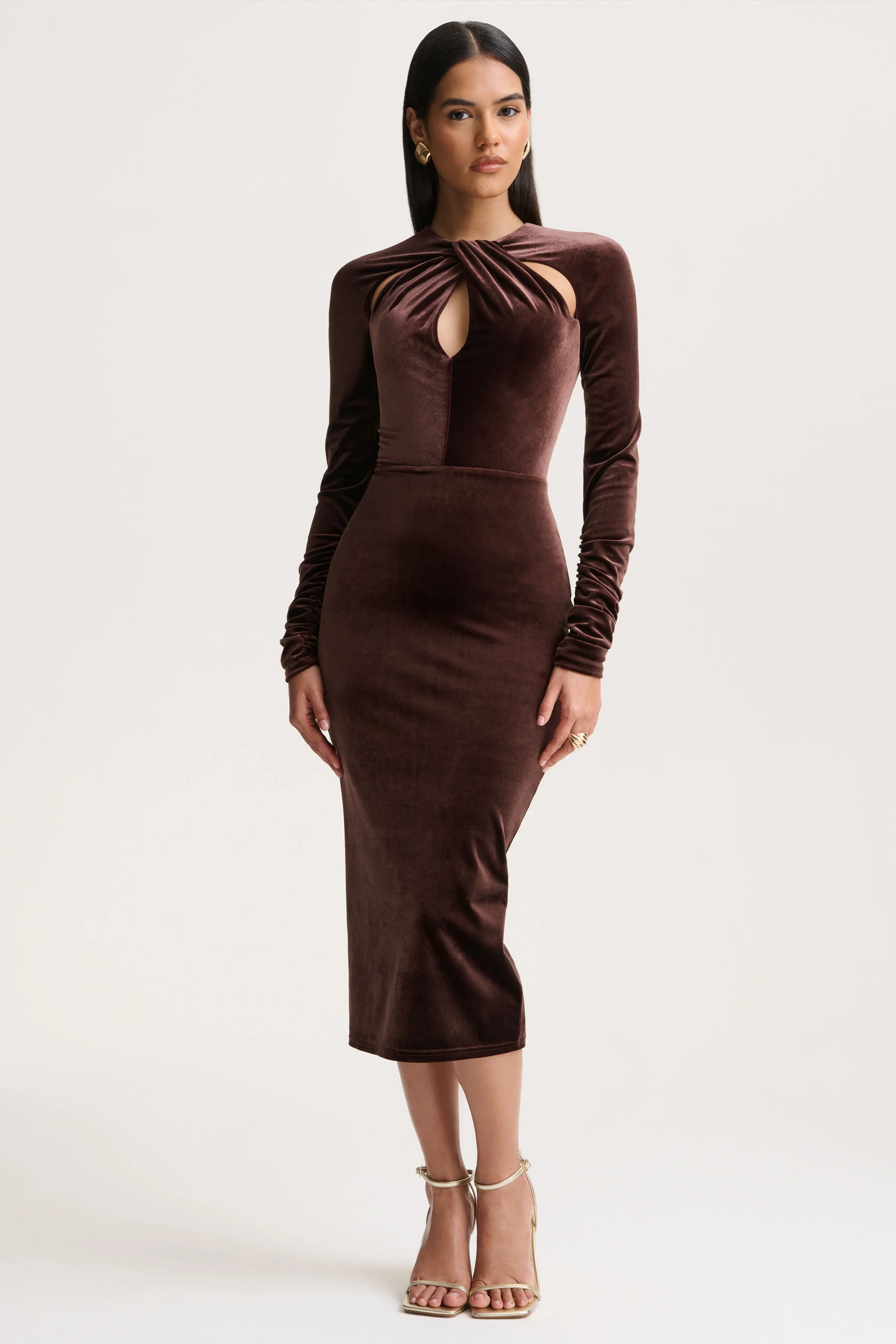 Francine | Brown Velvet Round-Neck Midi Dress With Cut-Out Details