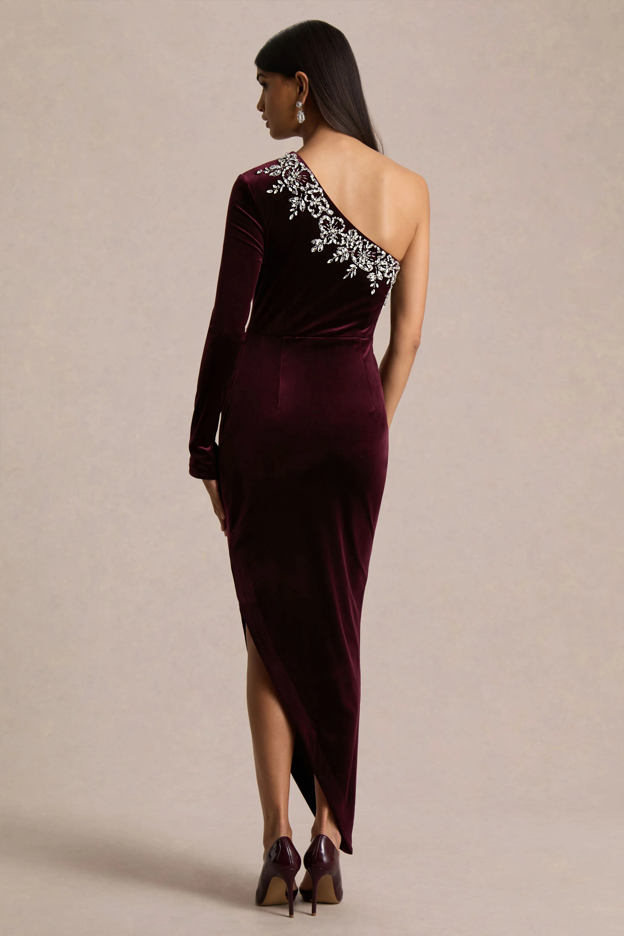 Nyssa | Burgundy Embellished Asymmetric-Neck Maxi Dress