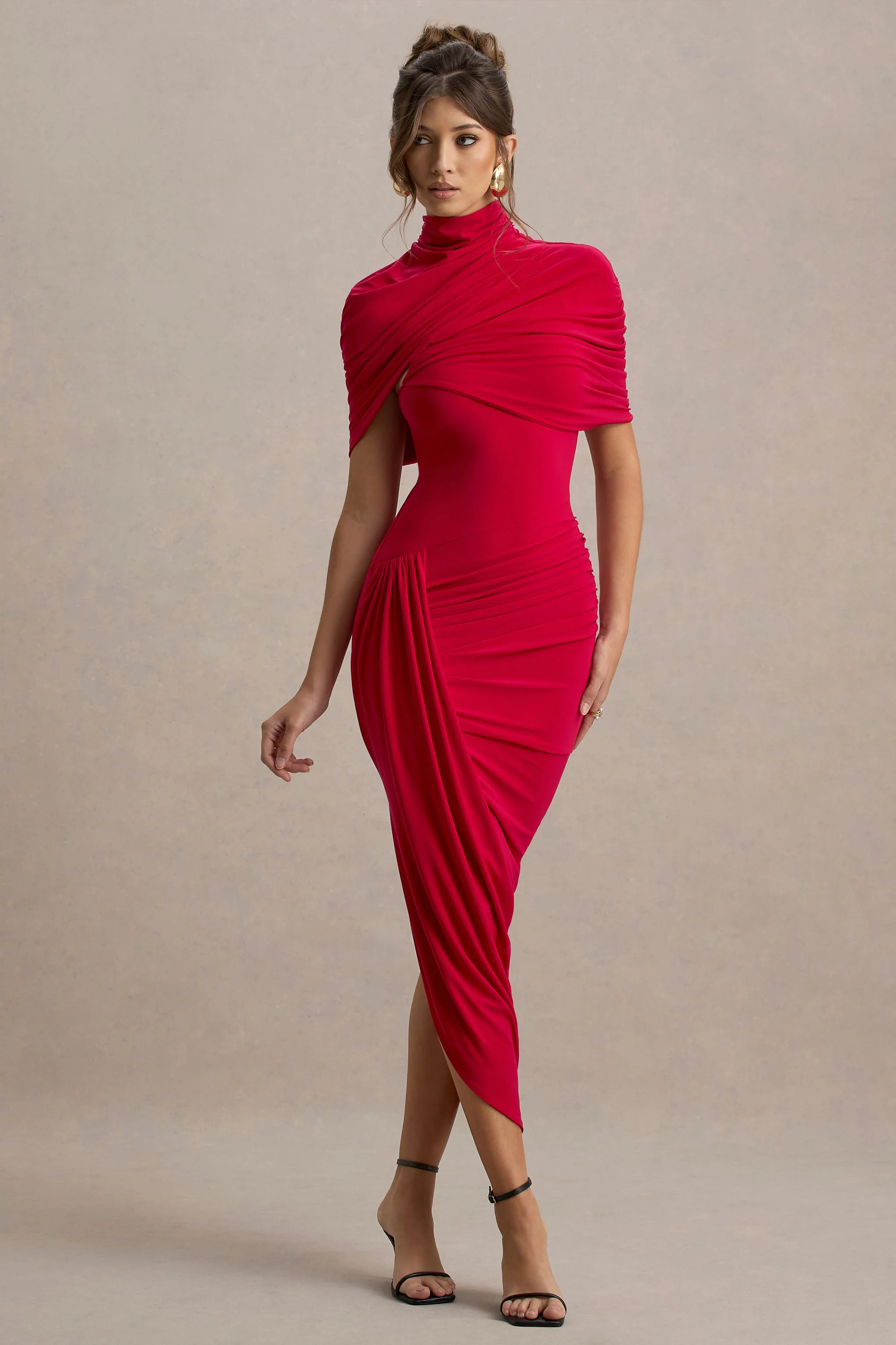 Enchant | Red Asymmetric Twisted Cape Midi Dress