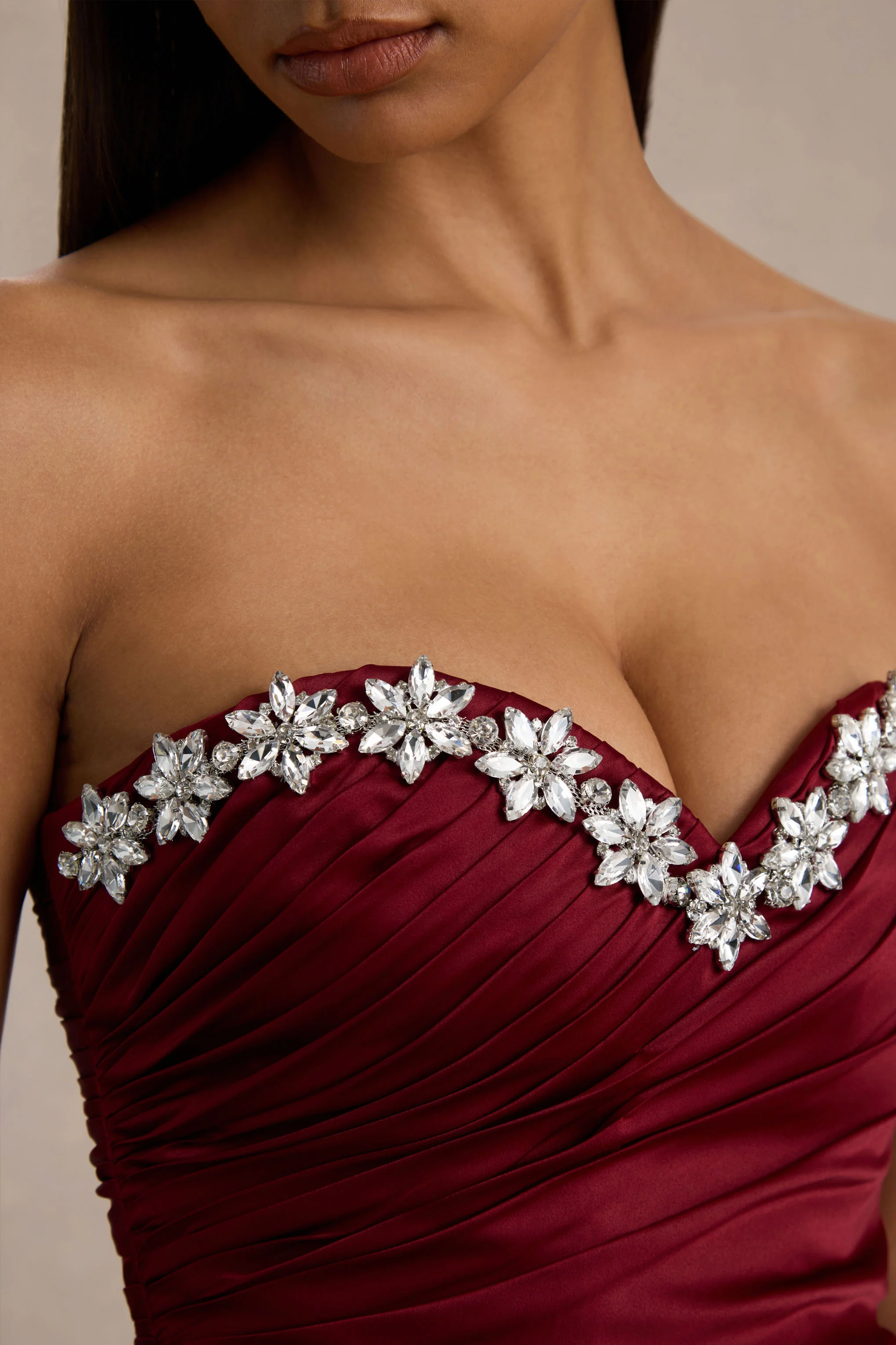 Milia | Burgundy Satin Hand-Embellished Strapless Corset Maxi Dress