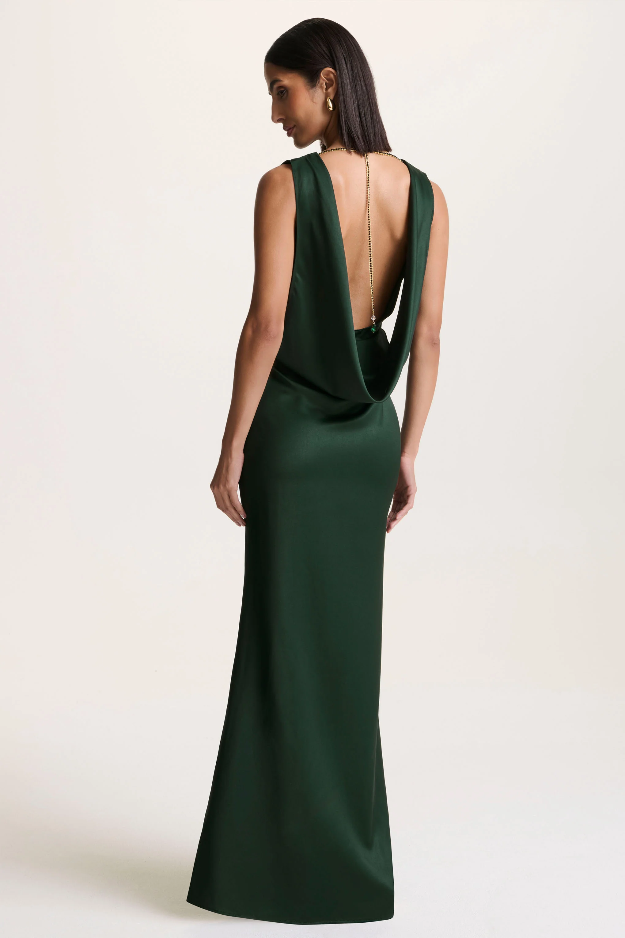 Stacey | Dark Green Slashed-Neck Maxi Dress With Open-Back And Embellished Detail