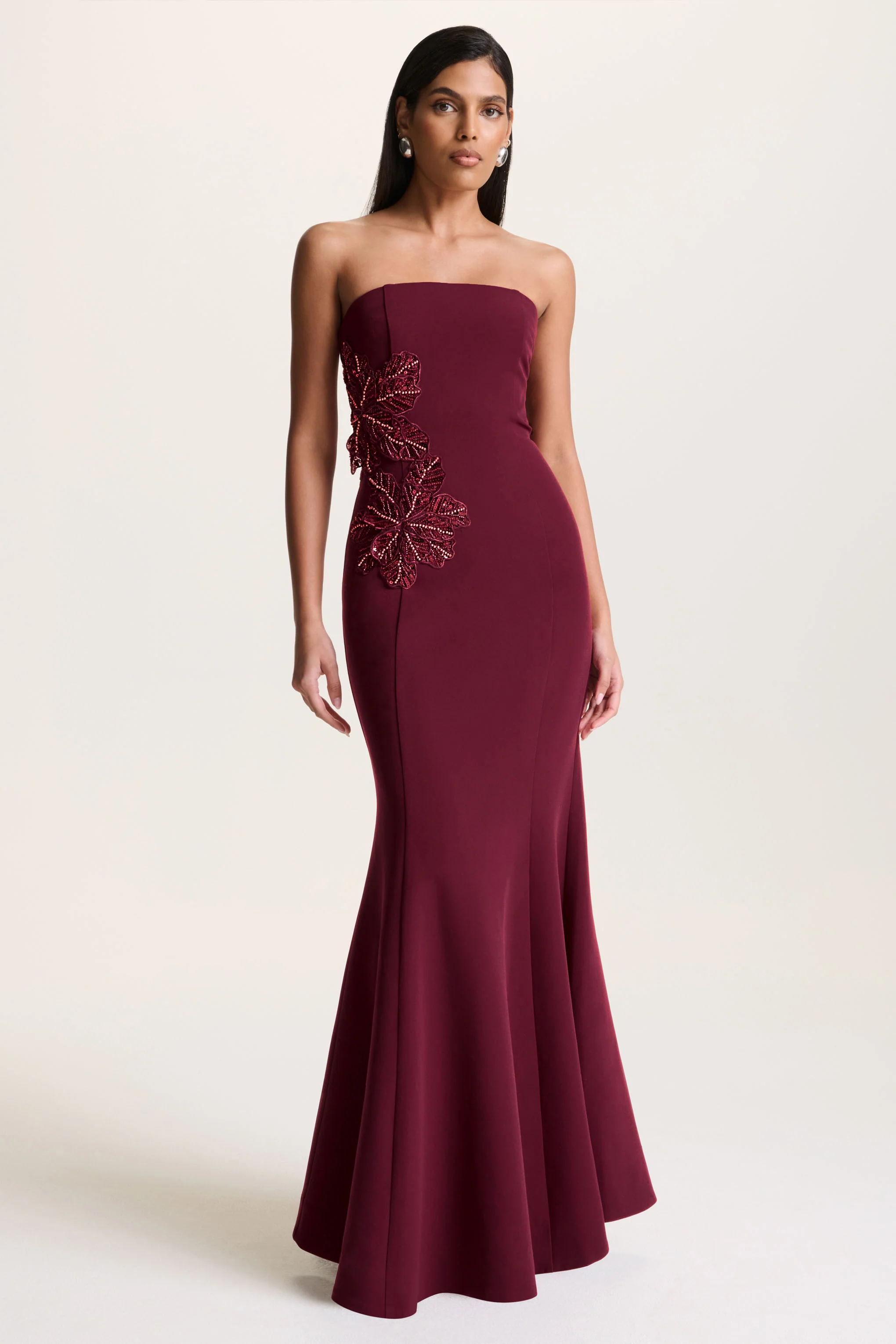 Aylana | Burgundy Bandeau Maxi Dress With Embellished Detail