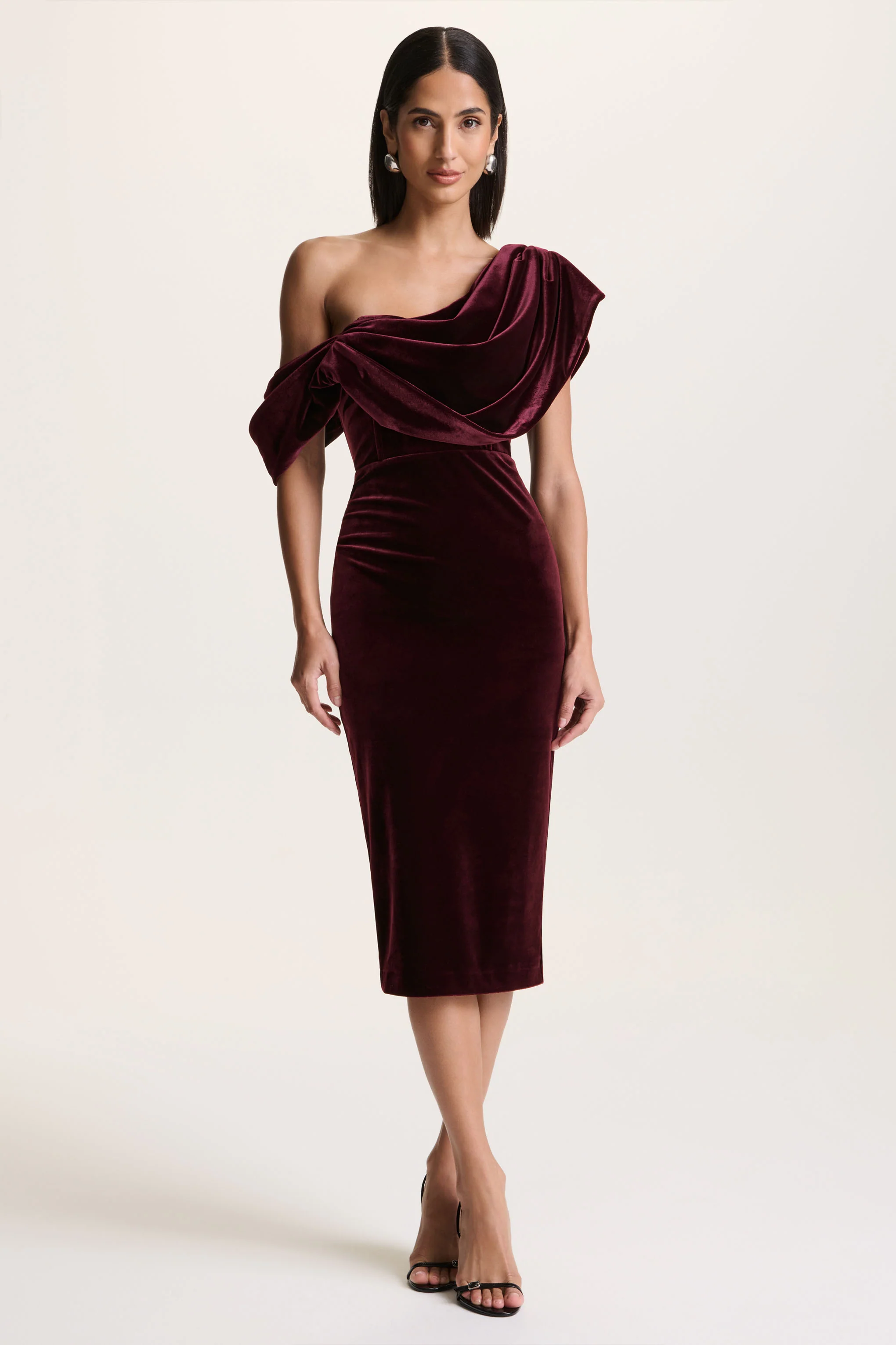 High End | Burgundy Velvet Asymmetric-Neck Midi Dress With Draped Detailing