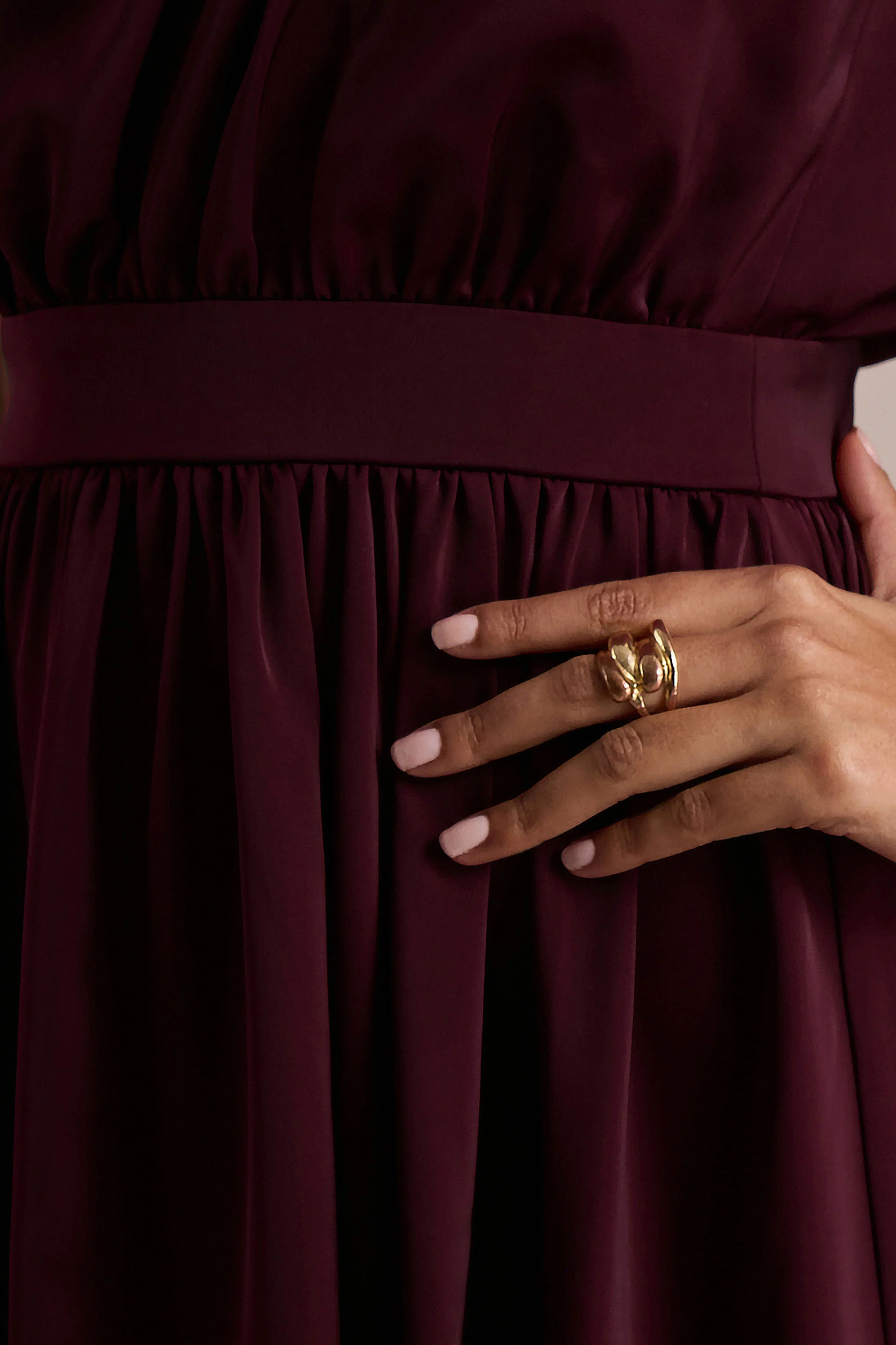 Caluna | Burgundy Satin Asymmetric-Neck Midi Dress With Scarf-Detail