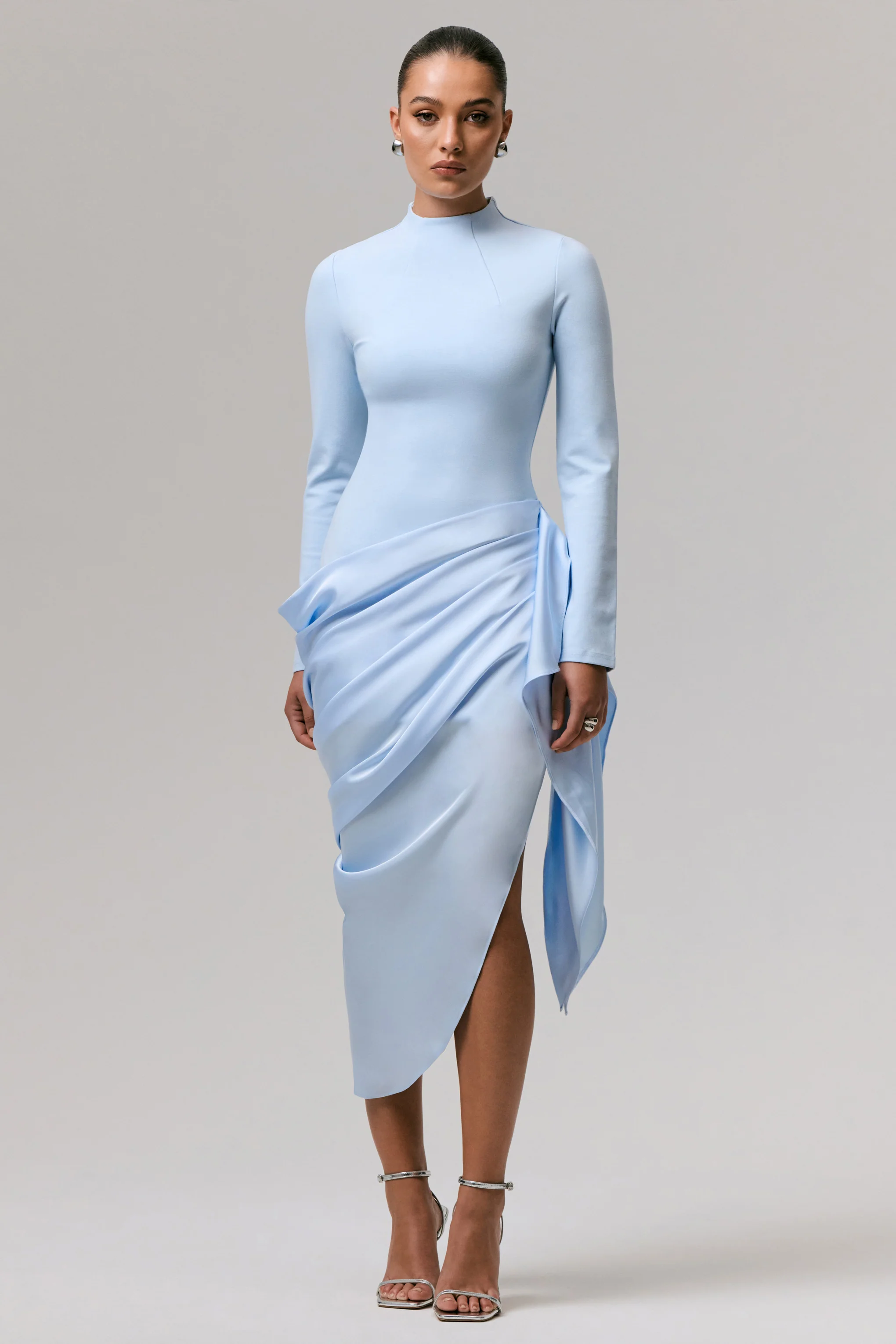 Raffie | Powder Blue Long-Sleeve Midi Dress With Satin Wrap Skirt
