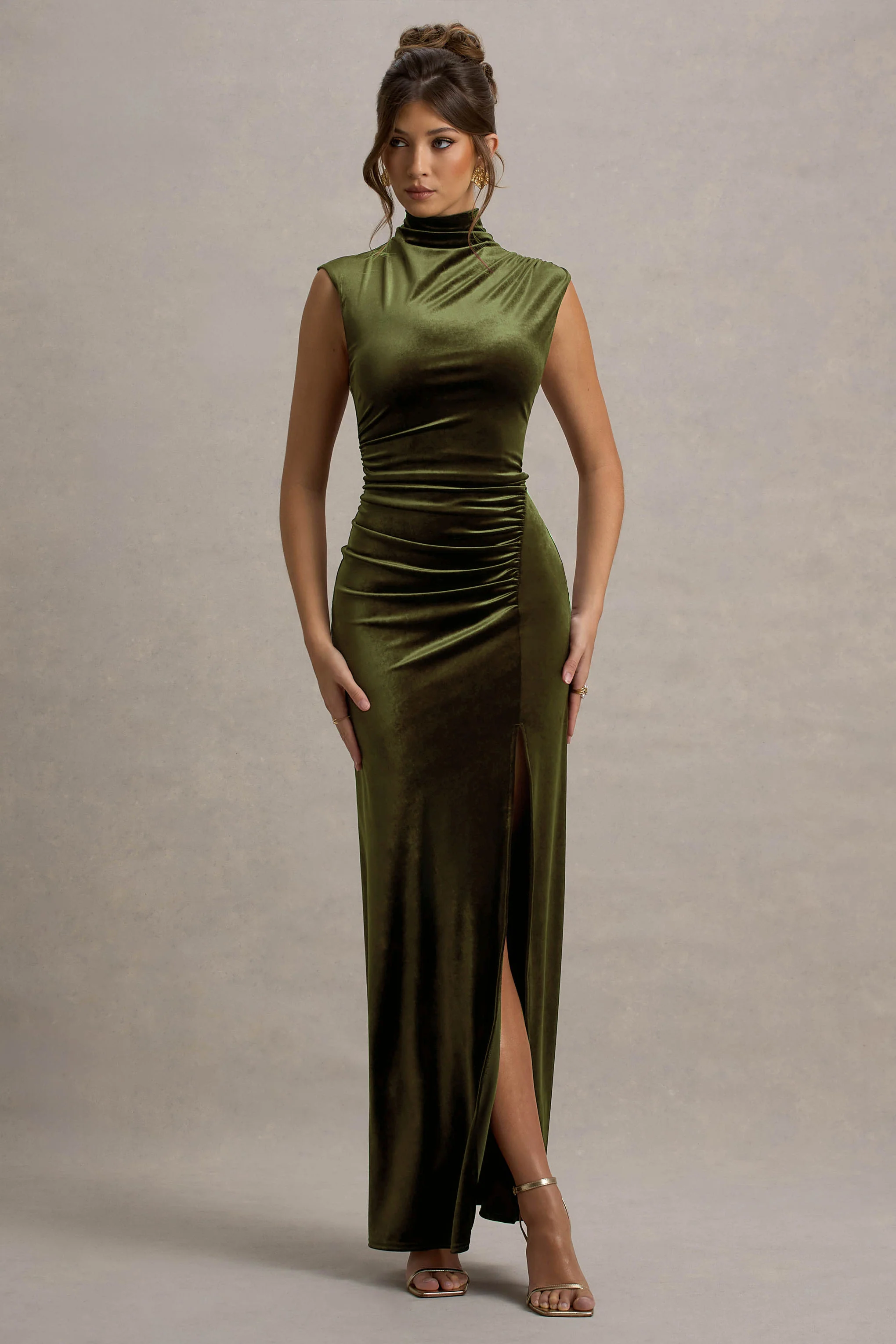 Abilene | Olive Velvet High-Neck Split Maxi Dress