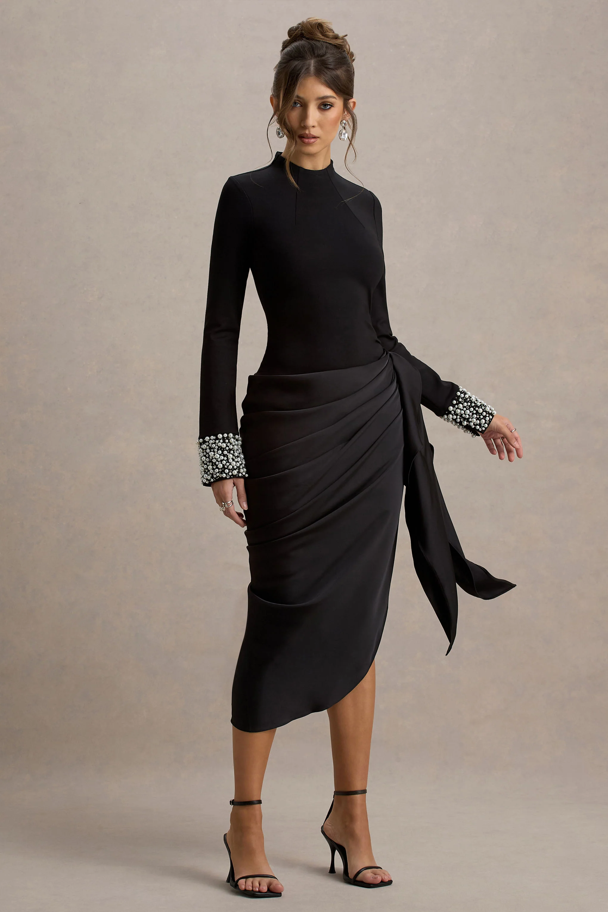 Luanna | Black Satin Long-Sleeve Midi Dress With Draped Skirt And Embellised Cuffs