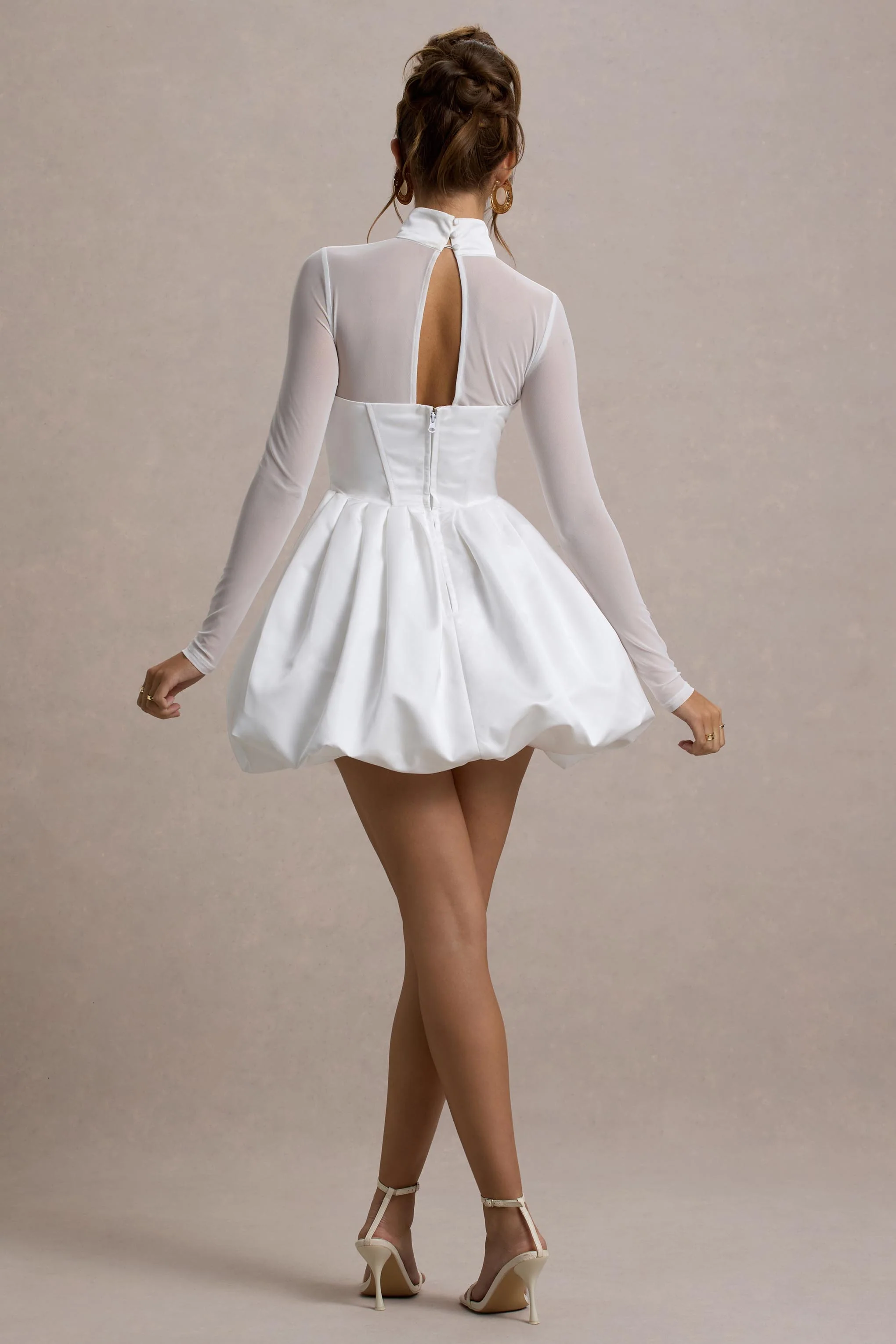 Tinkerbell | White Satin Long-Sleeve Puffball Mini Dress