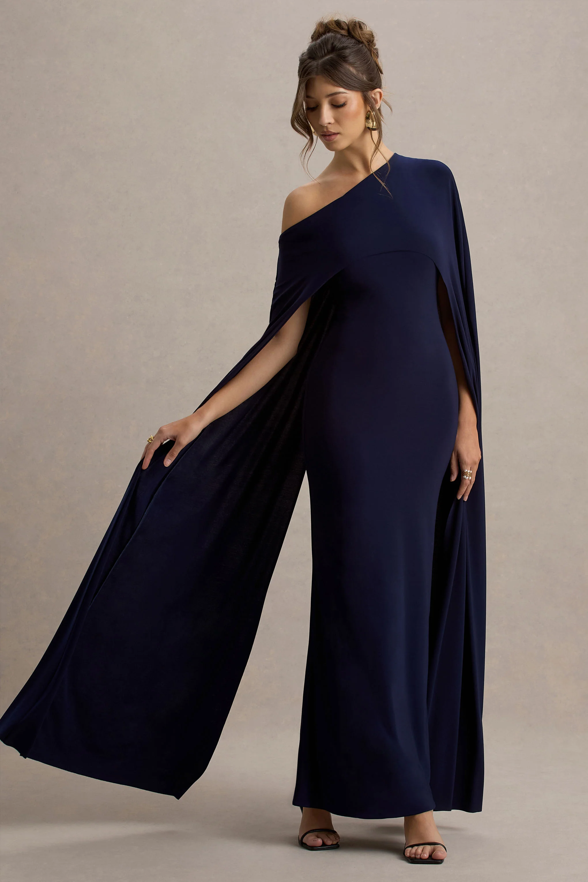 Florentina | Navy One-Shoulder Cape Maxi Dress