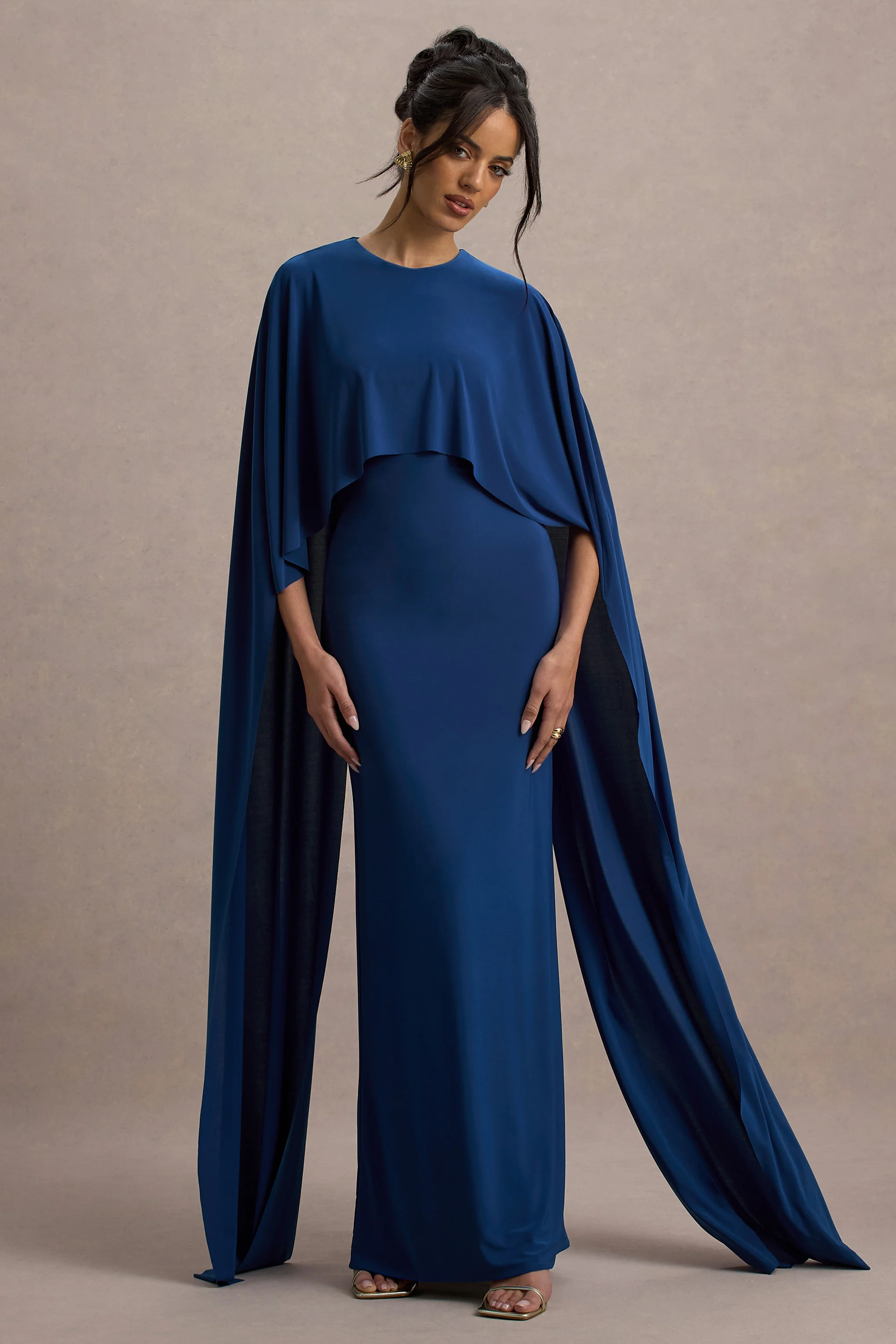 Padma | Blue Draped Maxi Dress With Cape Sleeves
