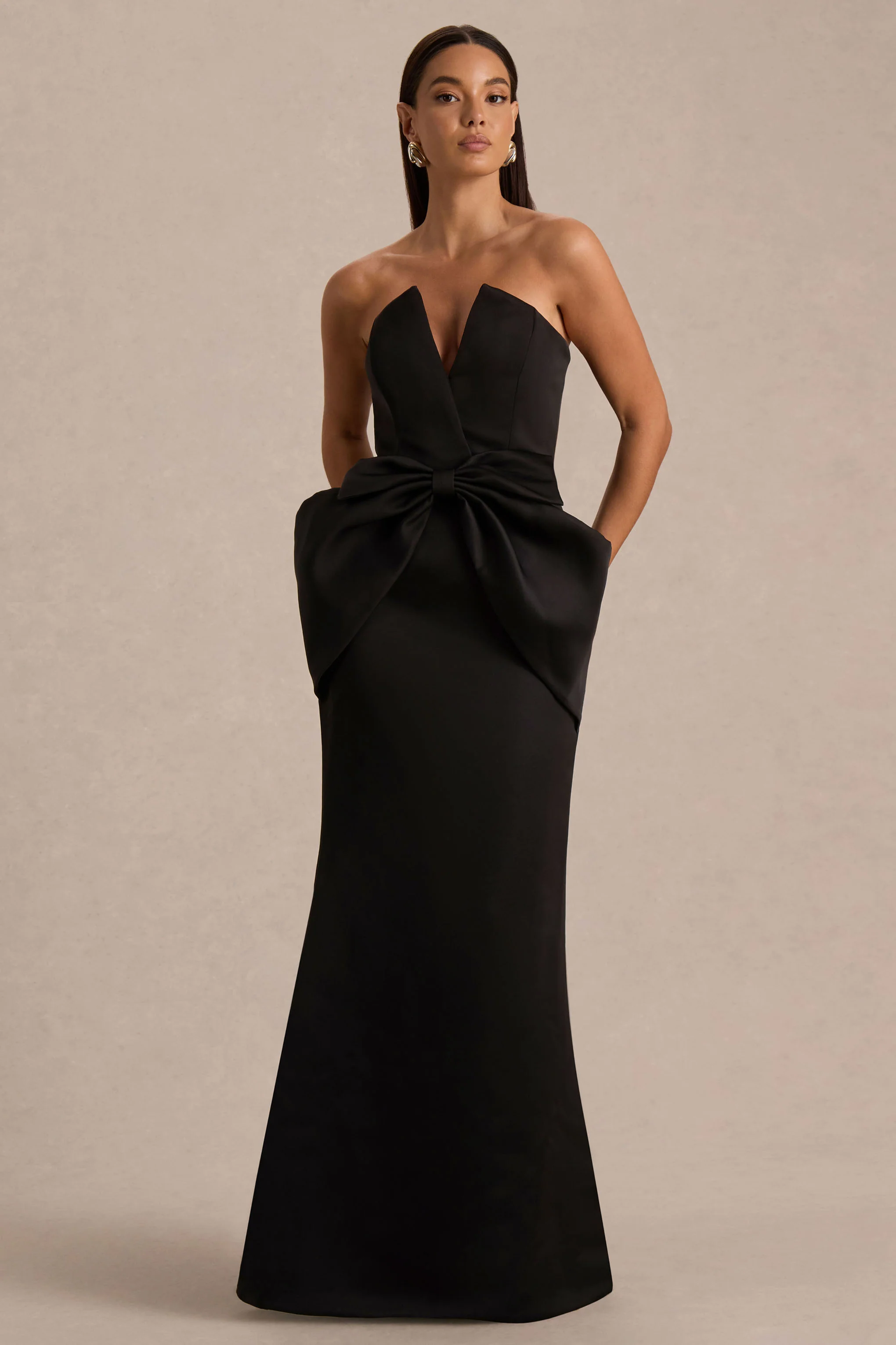 Sonata | Black Satin Bandeau Maxi Dress With Bow Detail