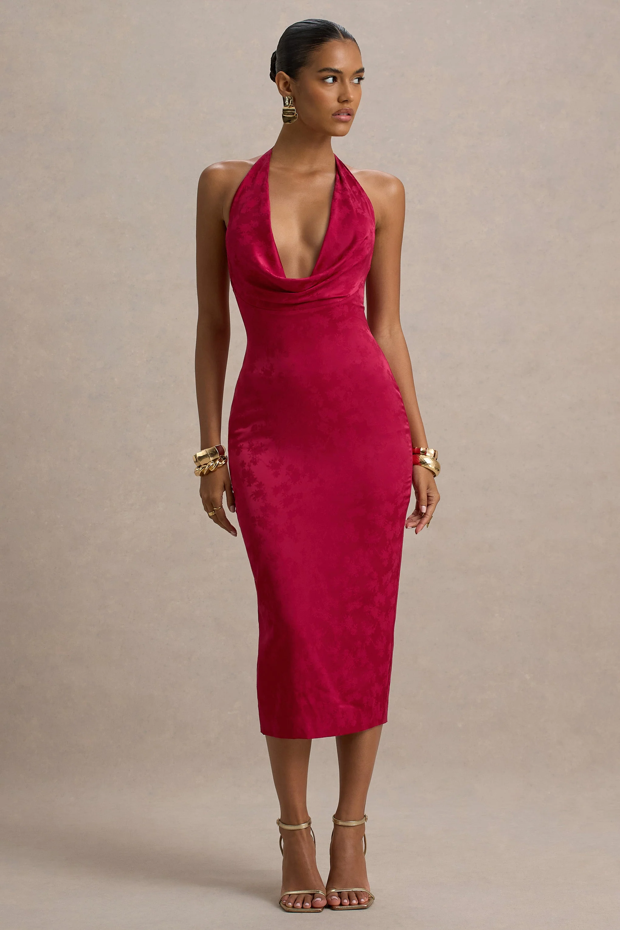 Aine | Red Satin Jacquard Cowl-Neck Midi Dress