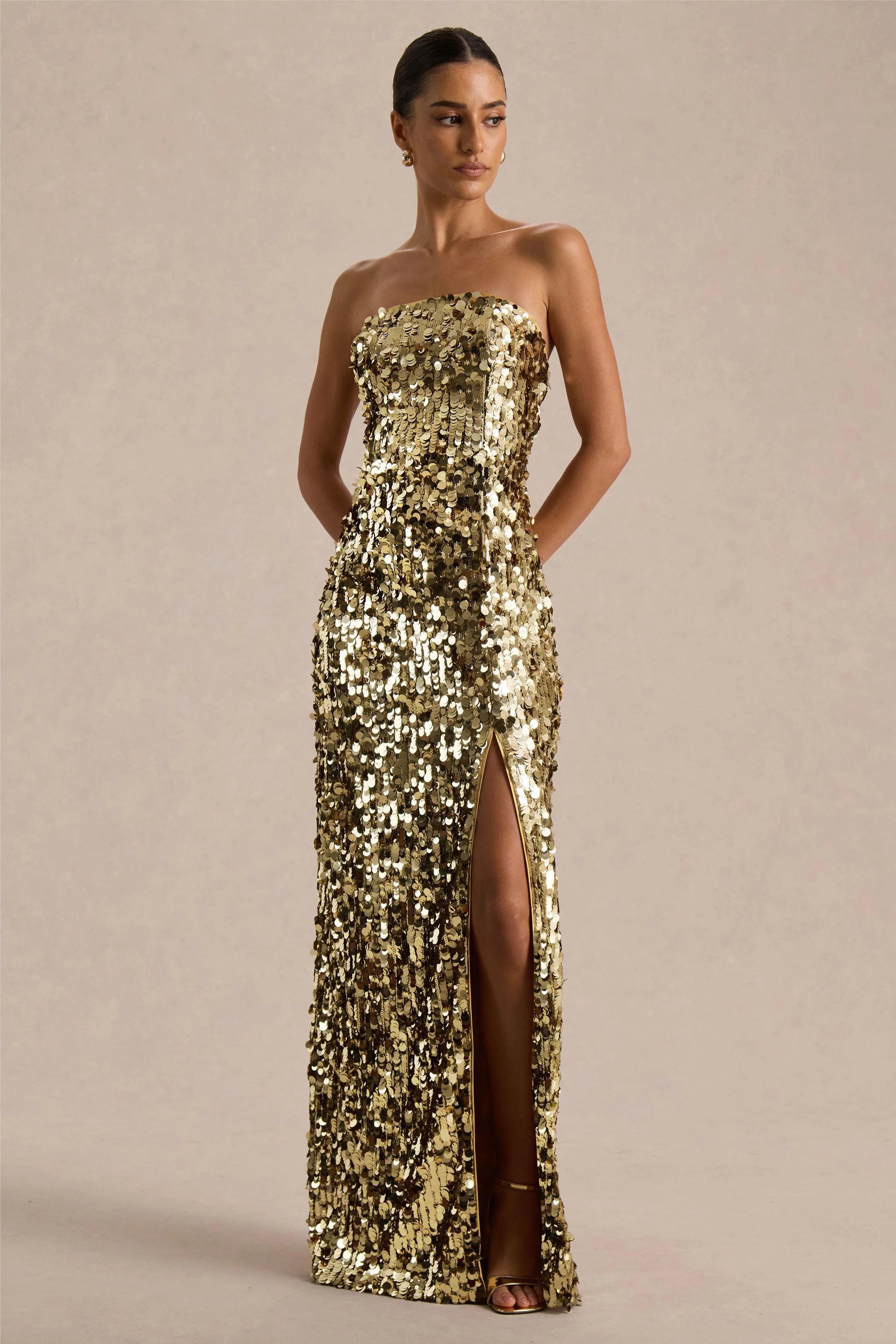 Nerea | Gold Sequin Bandeau Maxi Dress With Front High-Split