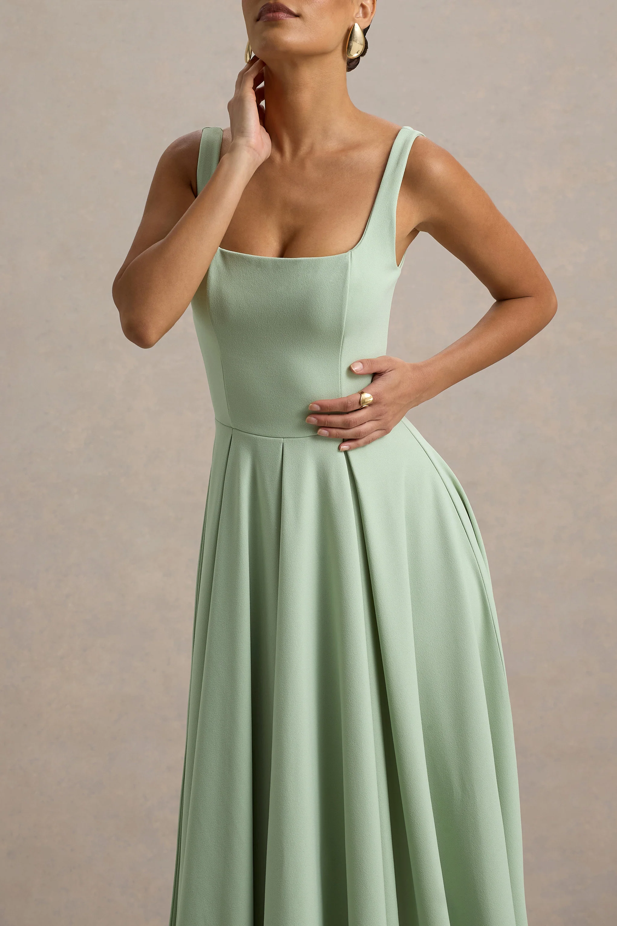Parina | Light Green Strappy Volume-Hem Midi Dress