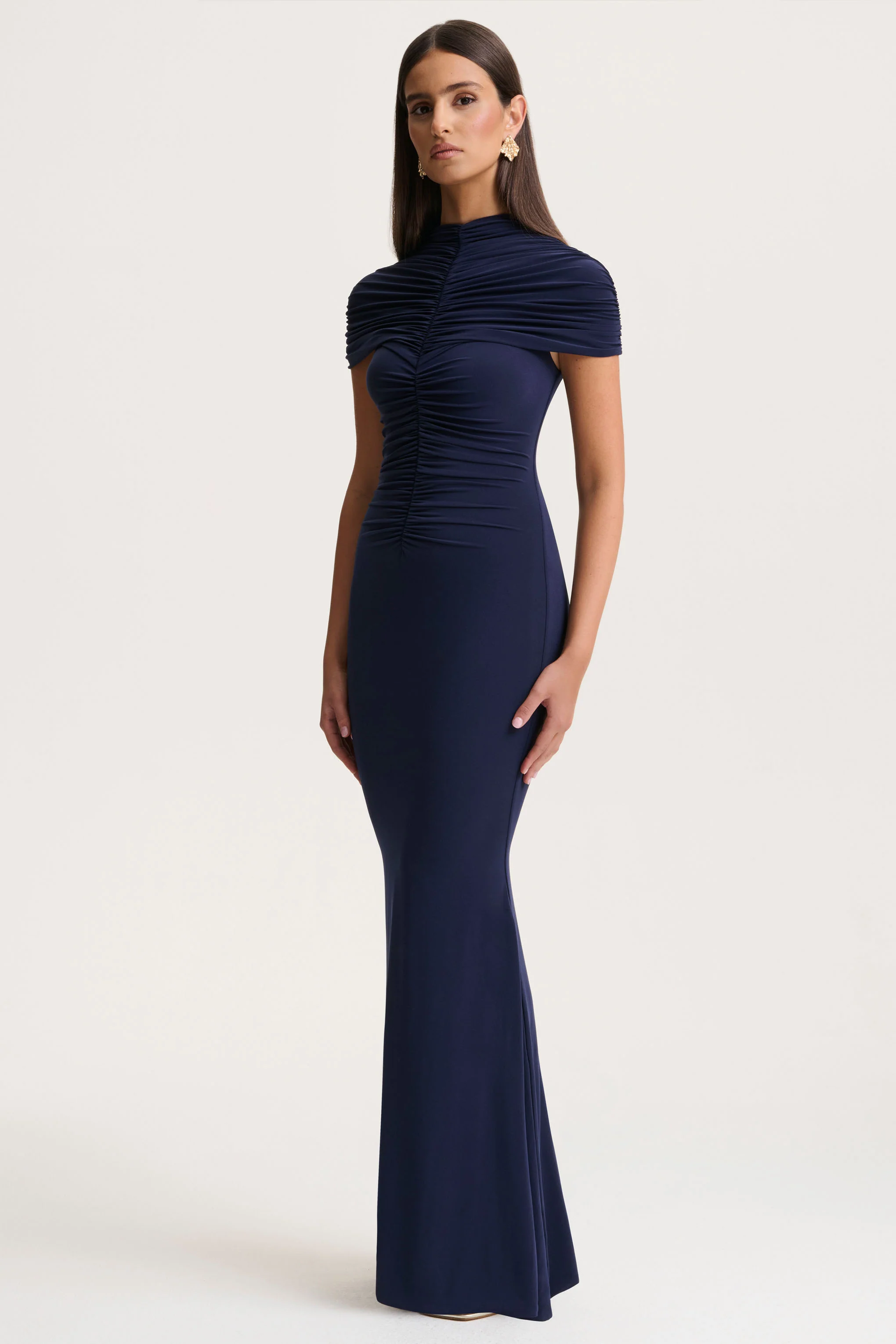 Azaria | Navy High-Neck Maxi Dress With Ruched Detailing