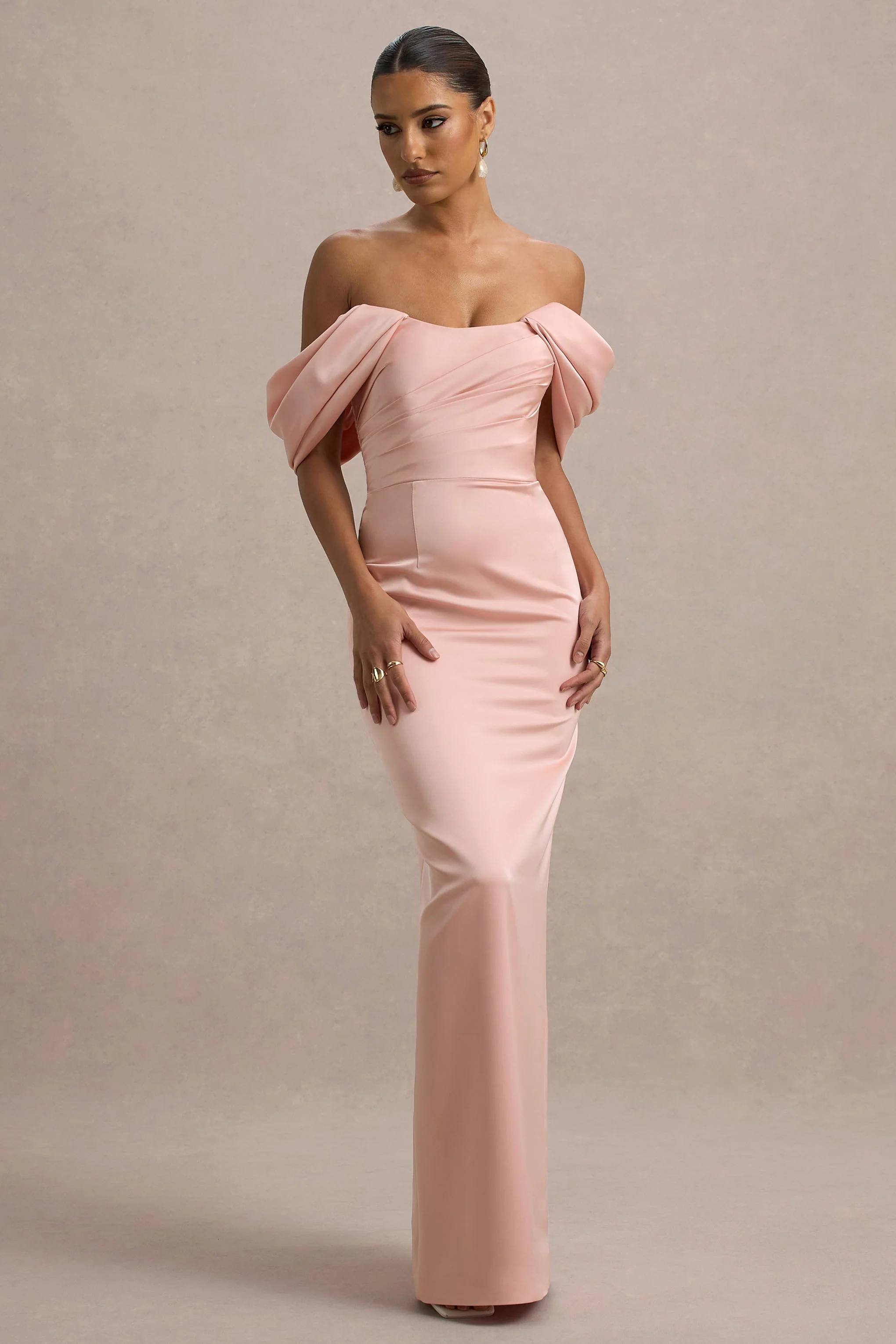 Annita | Light Pink Satin Bardot Maxi Dress