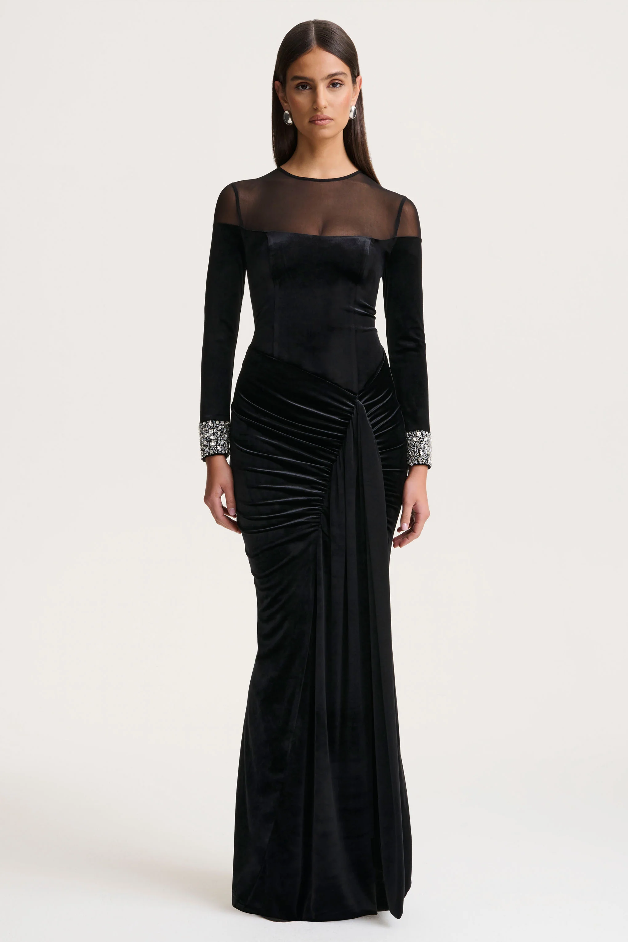 Perrin | Black Velvet Crew-Neck Maxi Dress With Embellished Cuffs