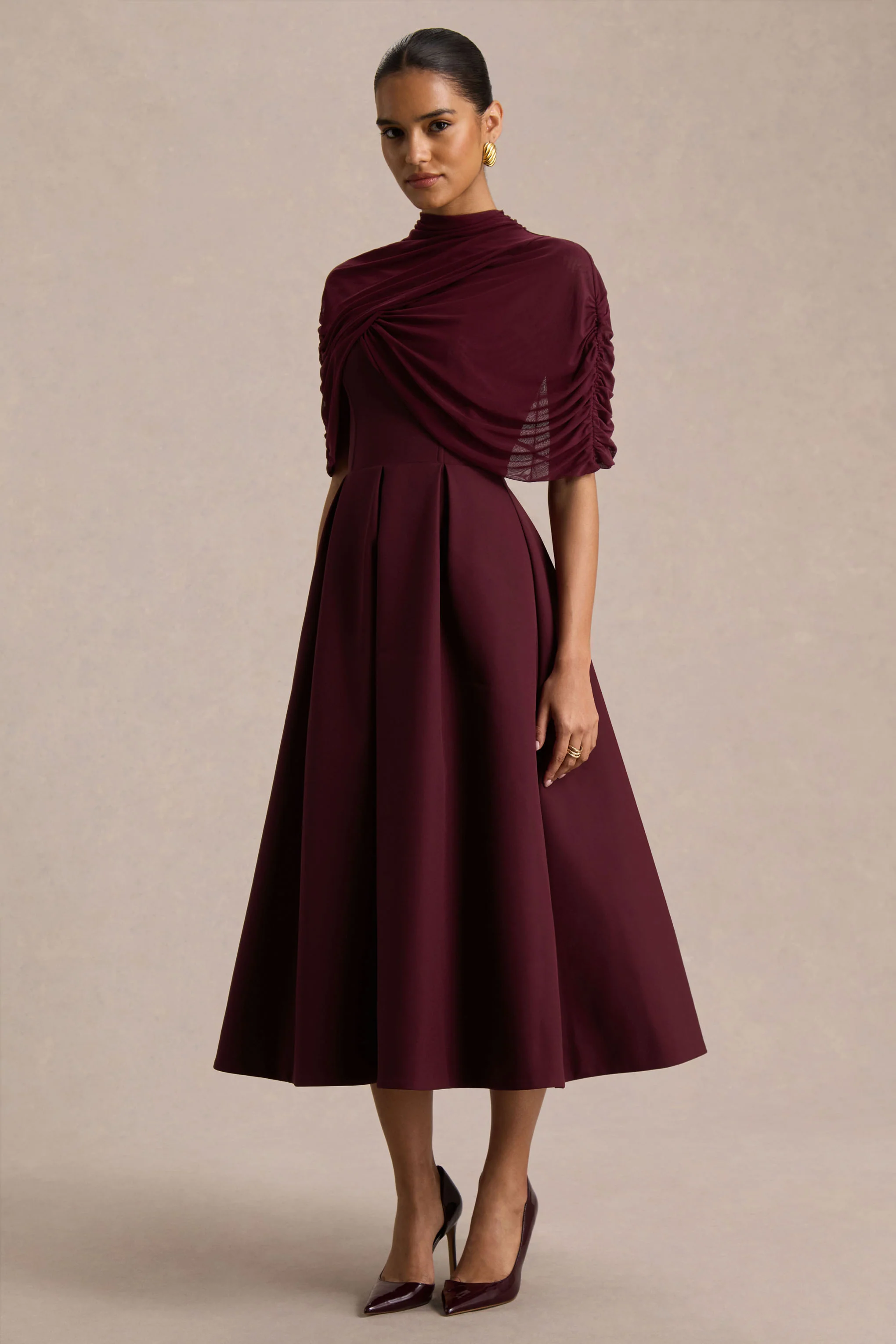 Thalia | Burgundy High-Neck Midi Dress With Sheer Mesh Cape