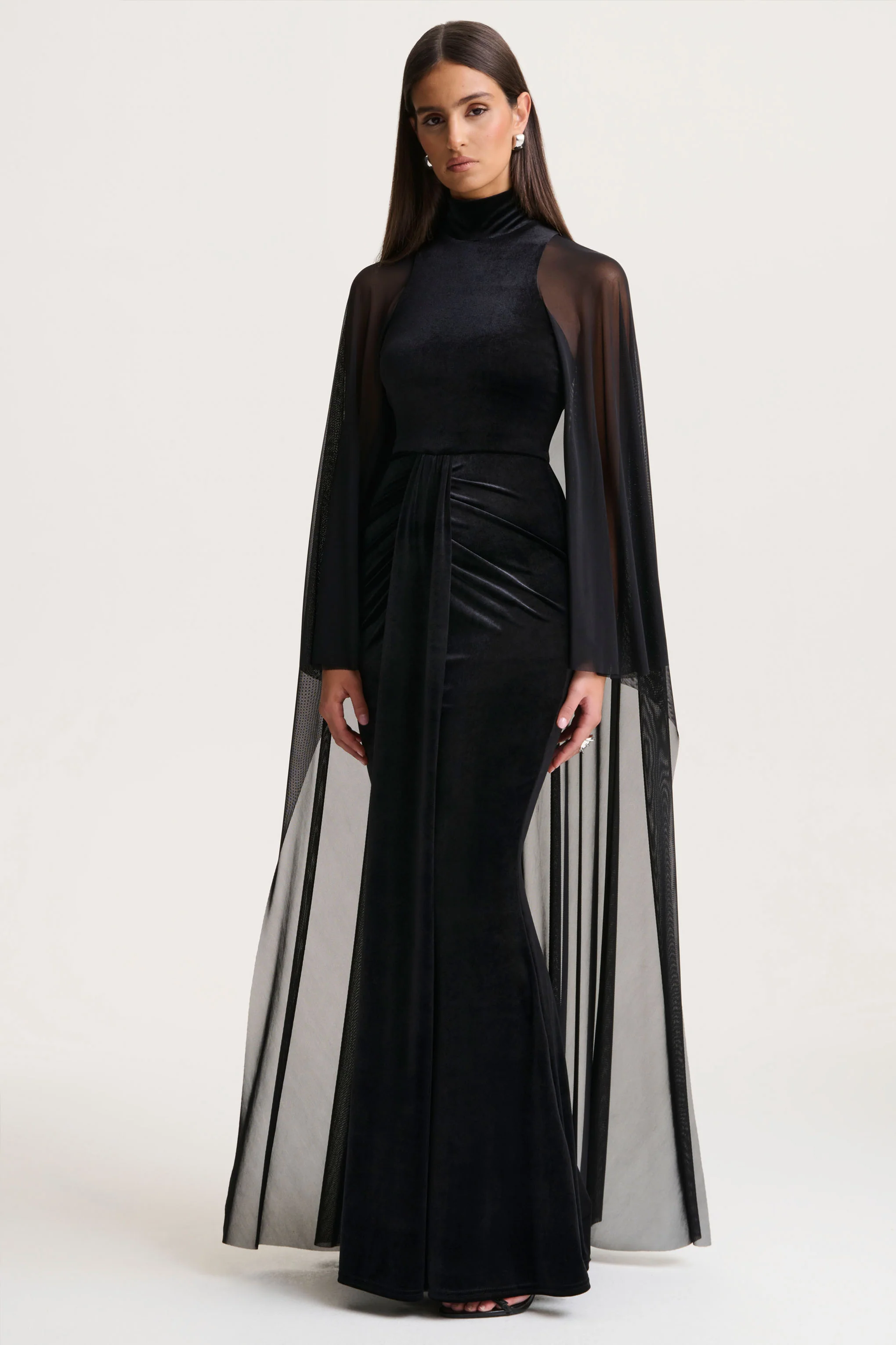Adoring | Black Velvet High-Neck Maxi Dress With Cape