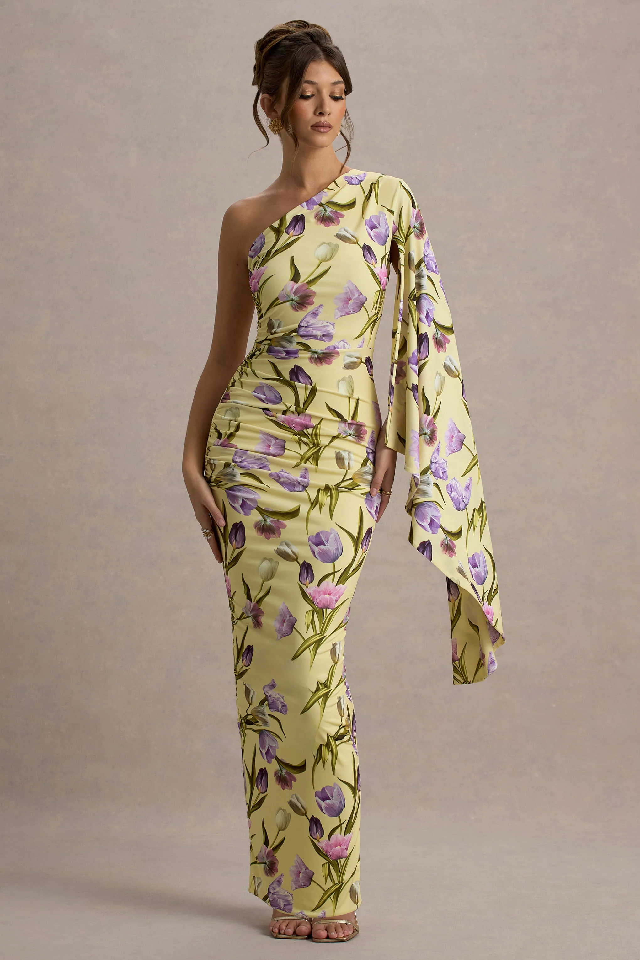 Clementina | Tulip Floral Print Asymmetric Cape Sleeve Maxi Dress
