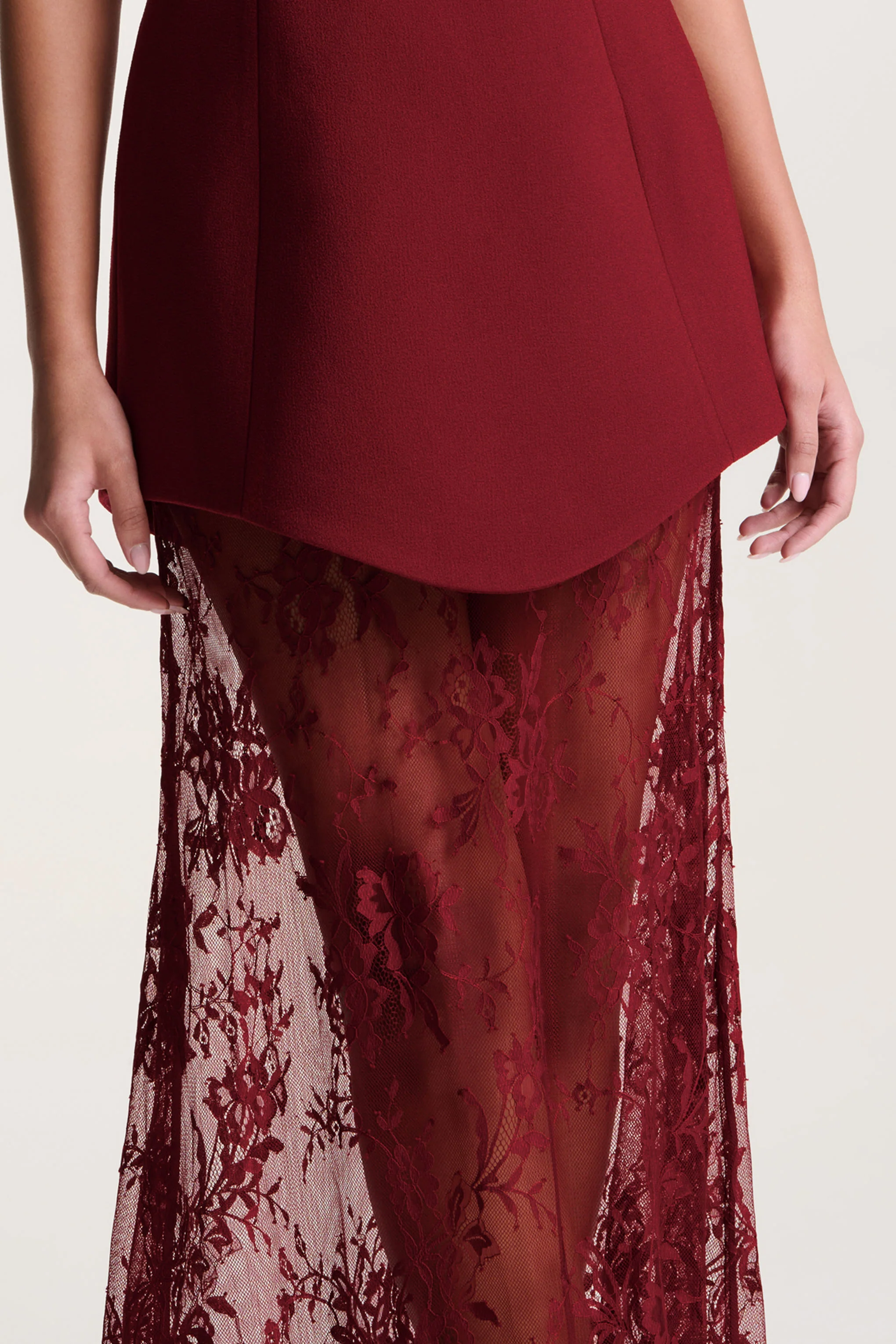 Brandi | Burgundy Bandeau Maxi Dress With Lace Skirt