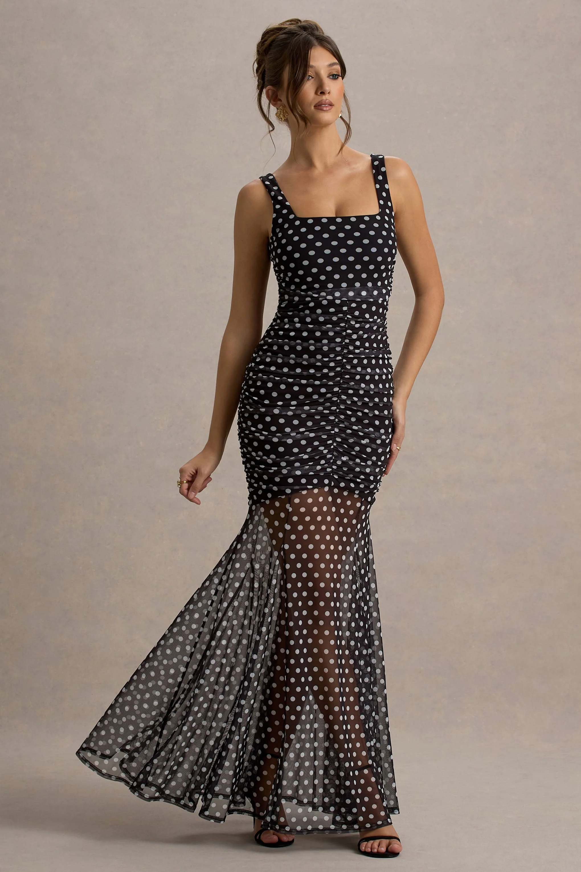 Galaxia | Black & White Polka Dot Maxi Dress With Mesh Skirt