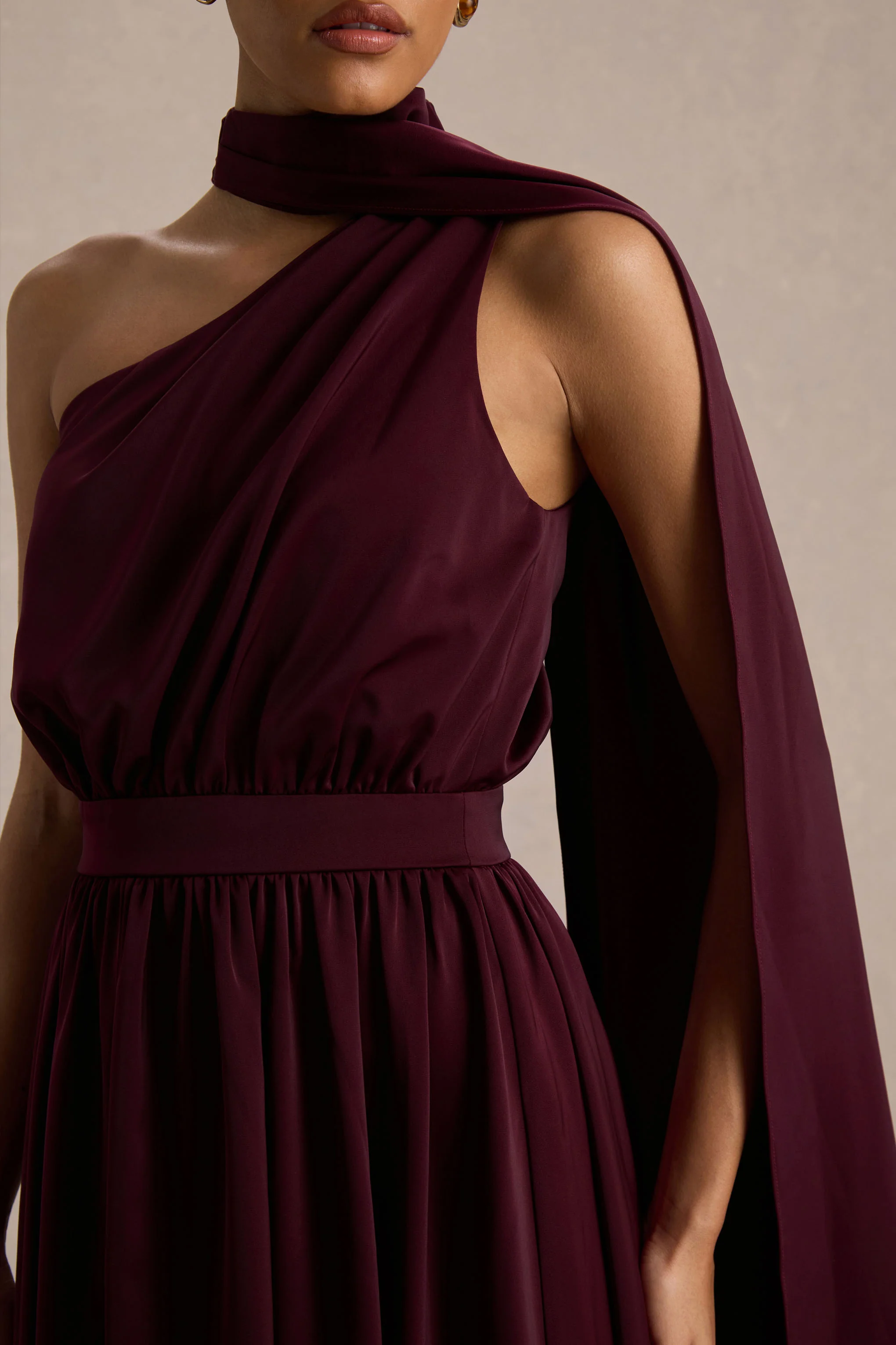Caluna | Burgundy Satin Asymmetric-Neck Midi Dress With Scarf-Detail