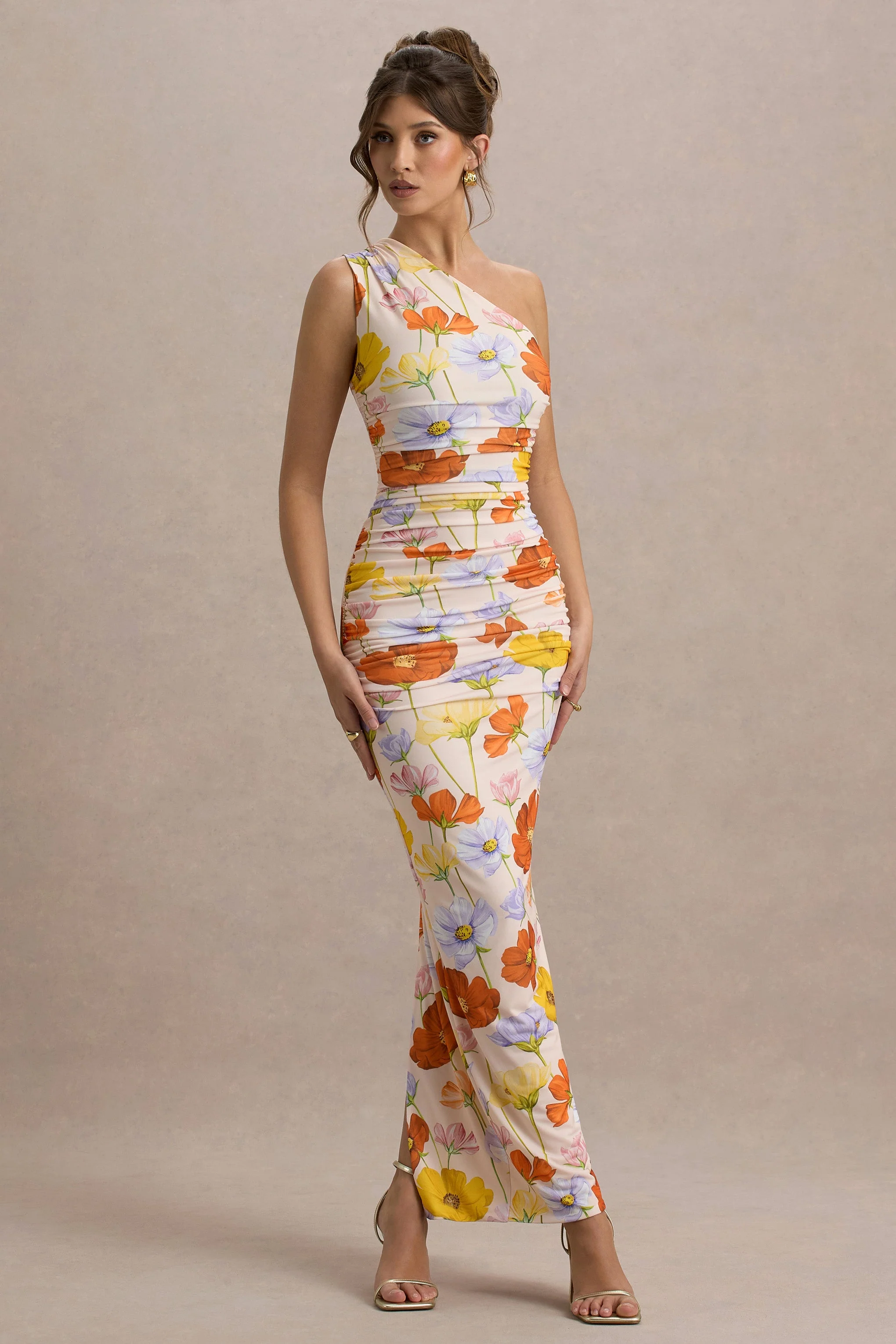 Dalarie | Bright Floral Print One-Shoulder Gathered Maxi Dress