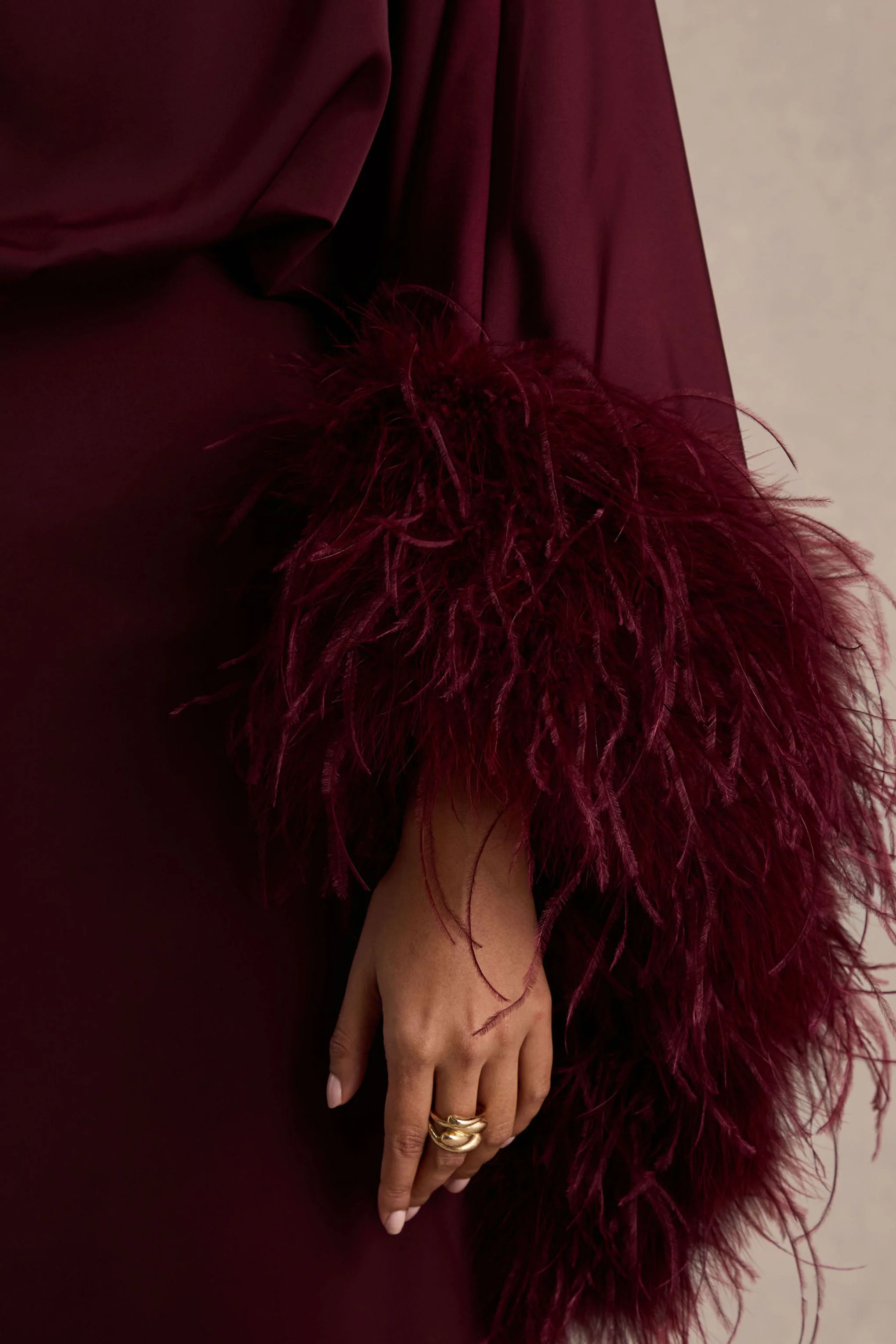 Felicity | Burgundy Satin Asymmetric-Neck Maxi Dress With Feather Detailing