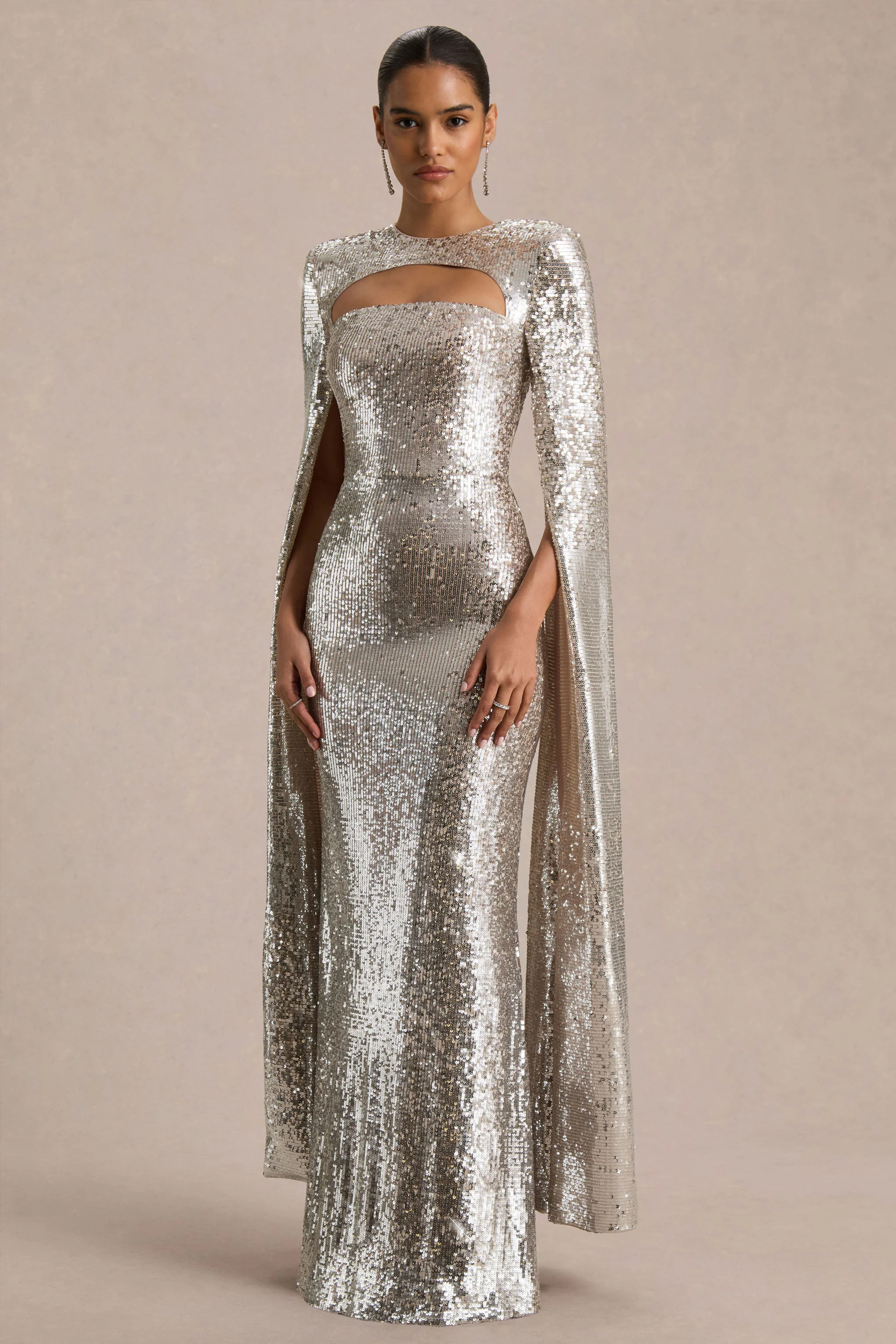 Devora | Silver Sequin Crew-Neck Maxi Dress With Cape Sleeves