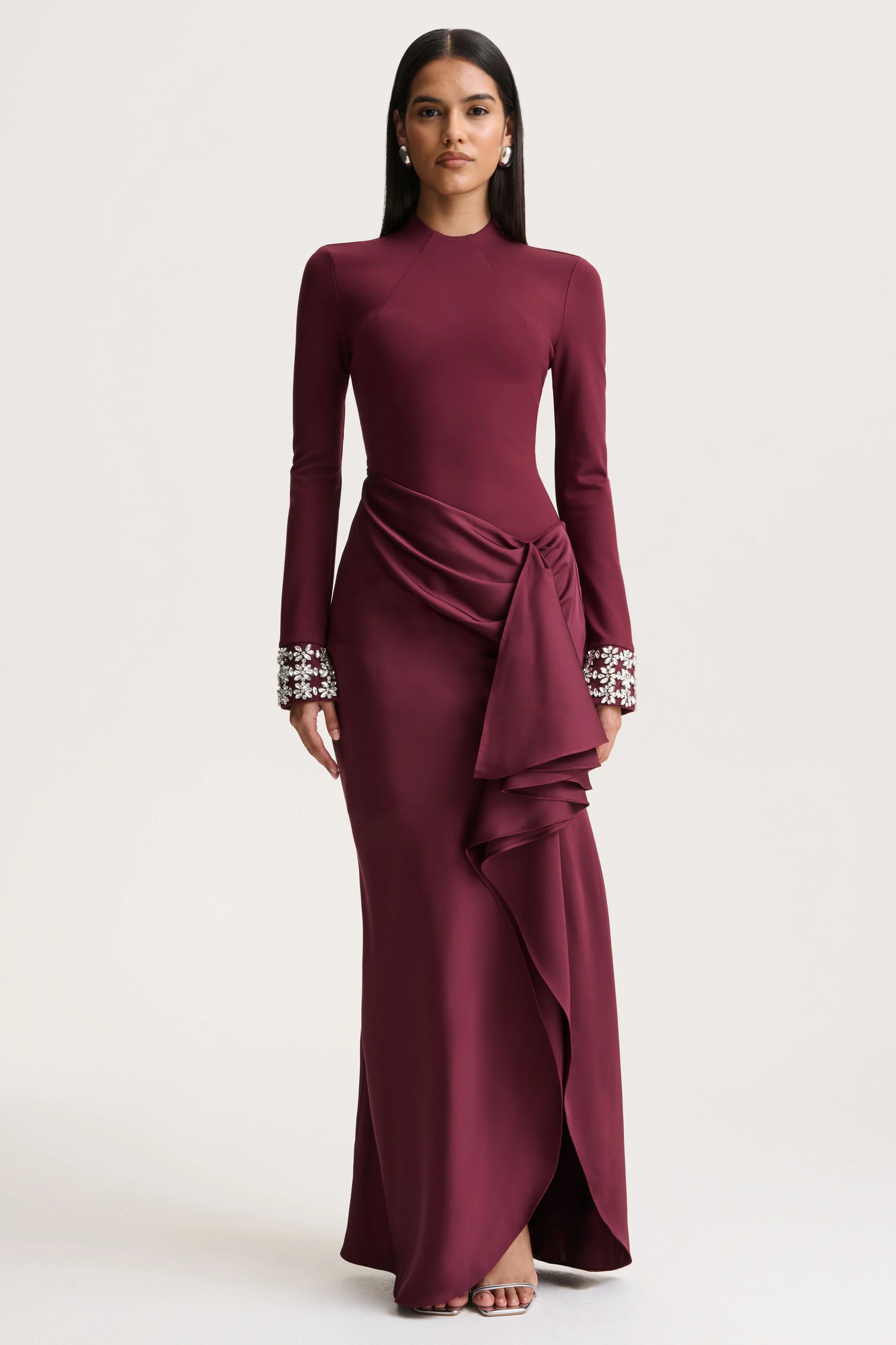 Starred | Burgundy Crew-Neck Maxi Dress With Drop-Waist And Satin Wrap-Skirt