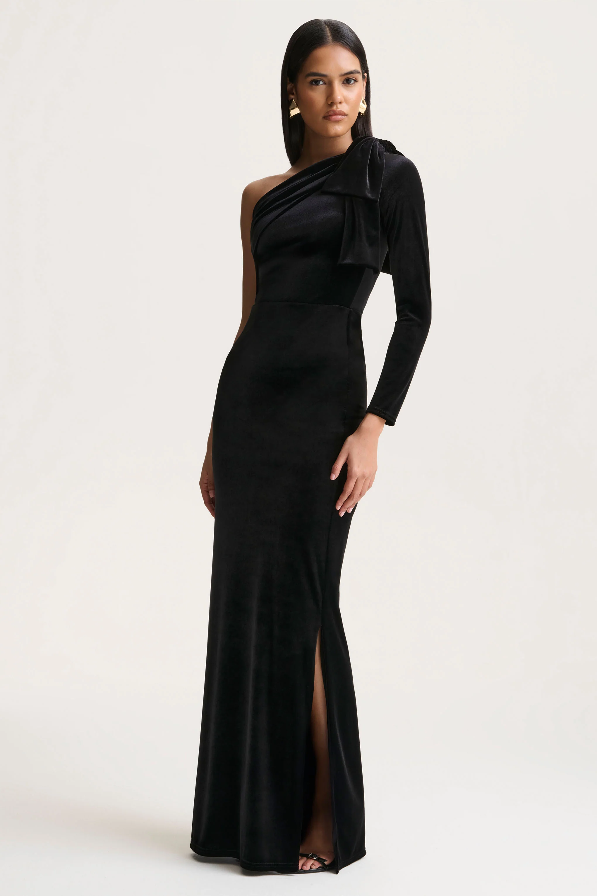 Farryn | Black Asymmetric-Neck Maxi Dress With Bow Detail