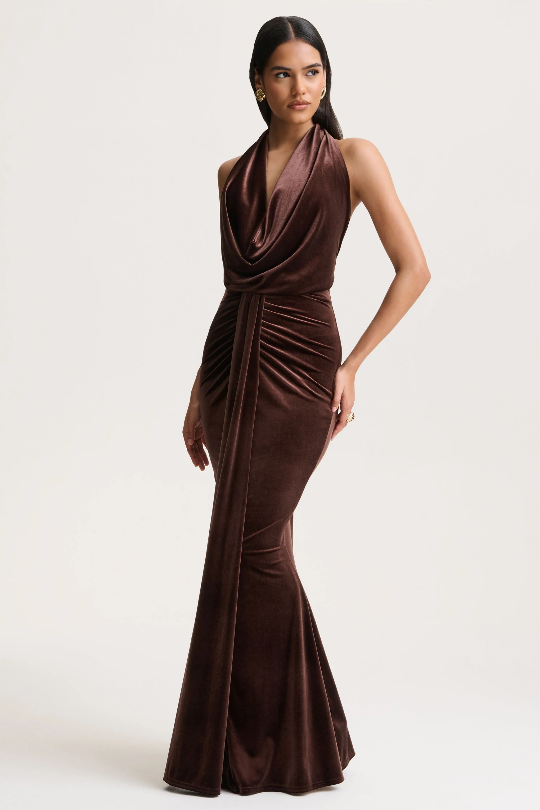 Lavernia | Brown Velvet Halter-Neck Maxi Dress With Gathered-Detailing