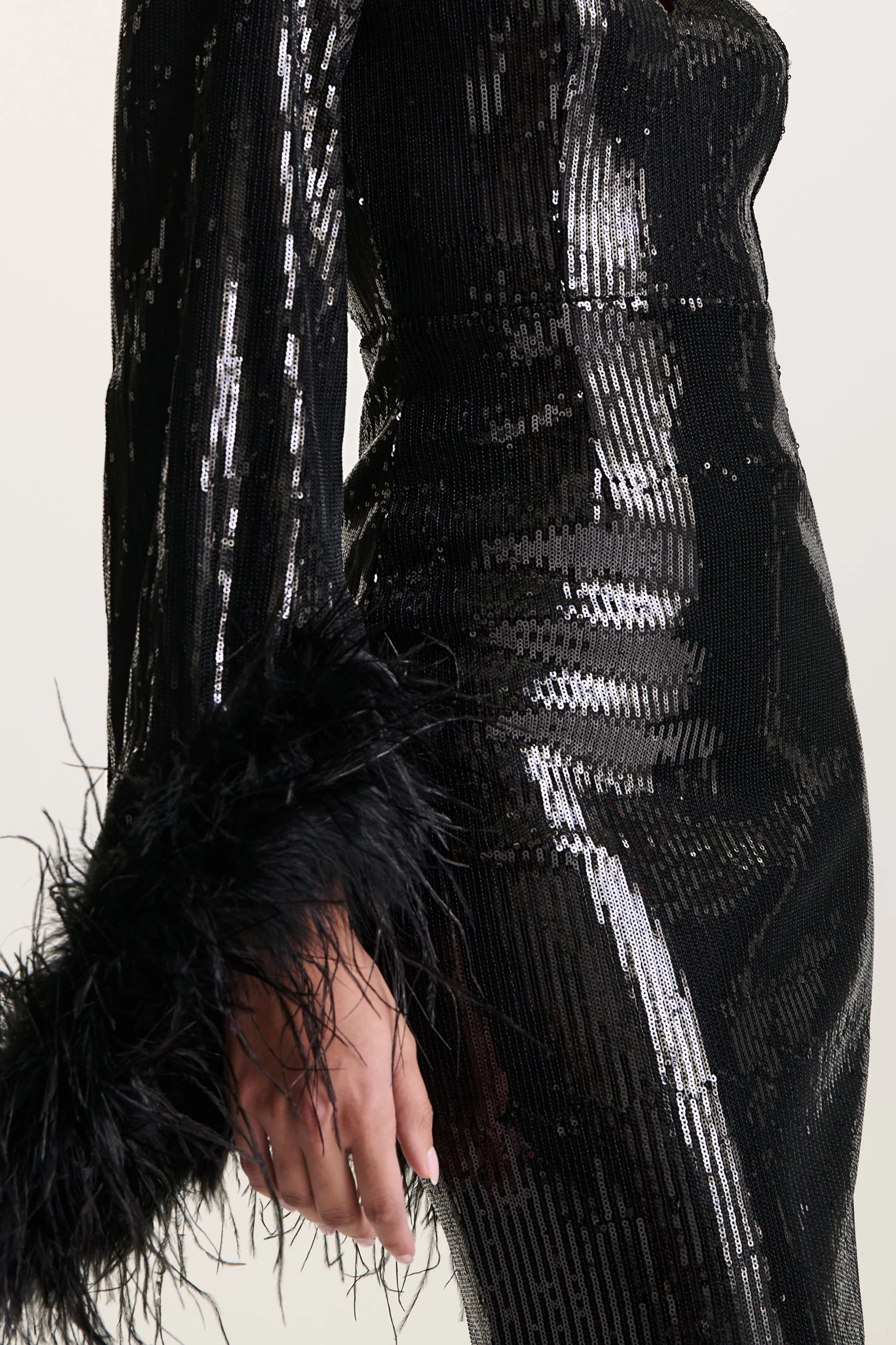 Cosmic Star | Black Sequin High-Neck Maxi Dress With Feather Cuffs