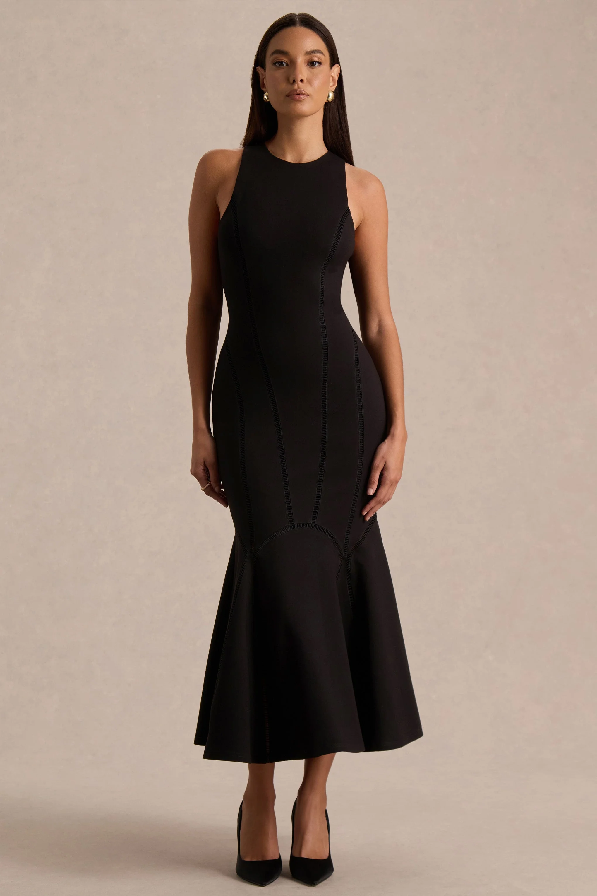 Sally | Black Crew-Neck Midi Dress With Drop Waist And Pleated Detailing