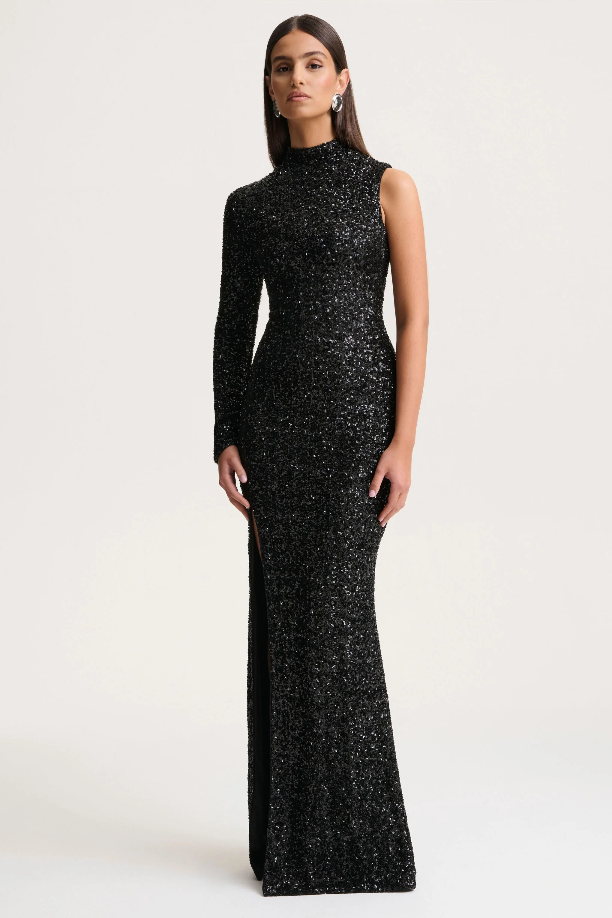 Mery | Black Sequin High-Neck Wrap Maxi Dress With One-Long Sleeve