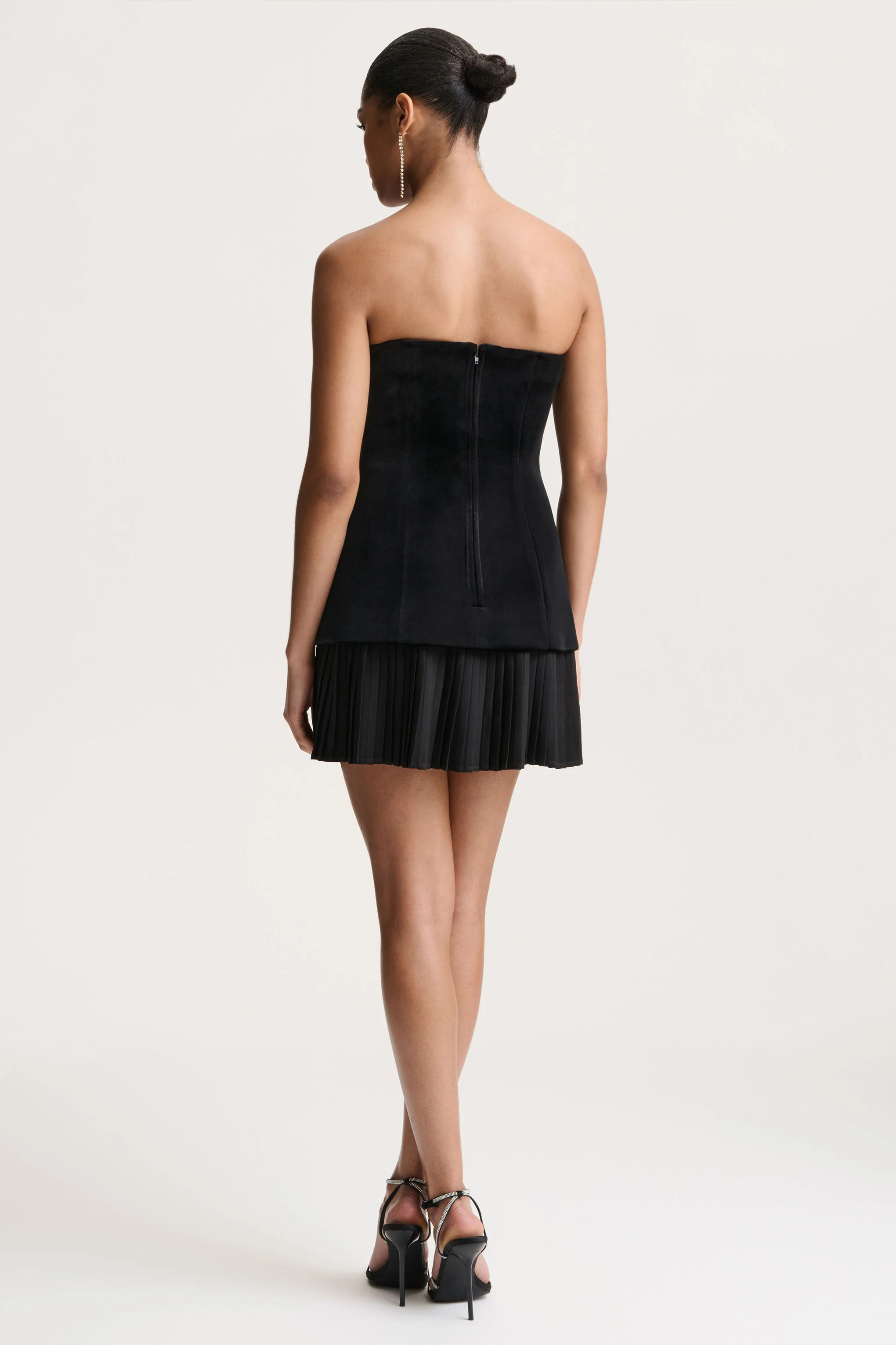 Valentina | Black Velvet Bandeau Mini Dress With Pleated Detailing