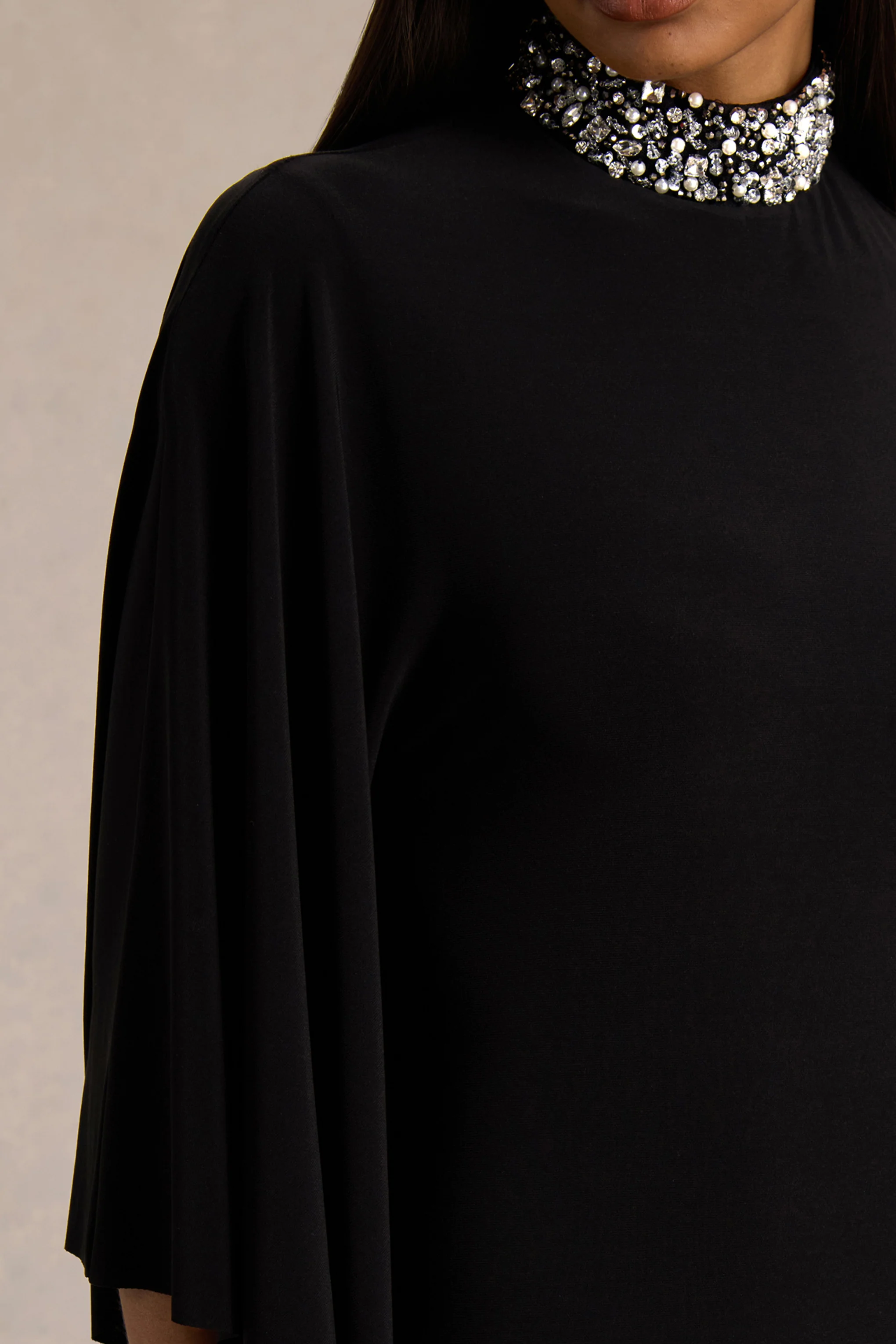 Oriana | Black Embellished High-Neck Maxi Dress With One-Cape Sleeve