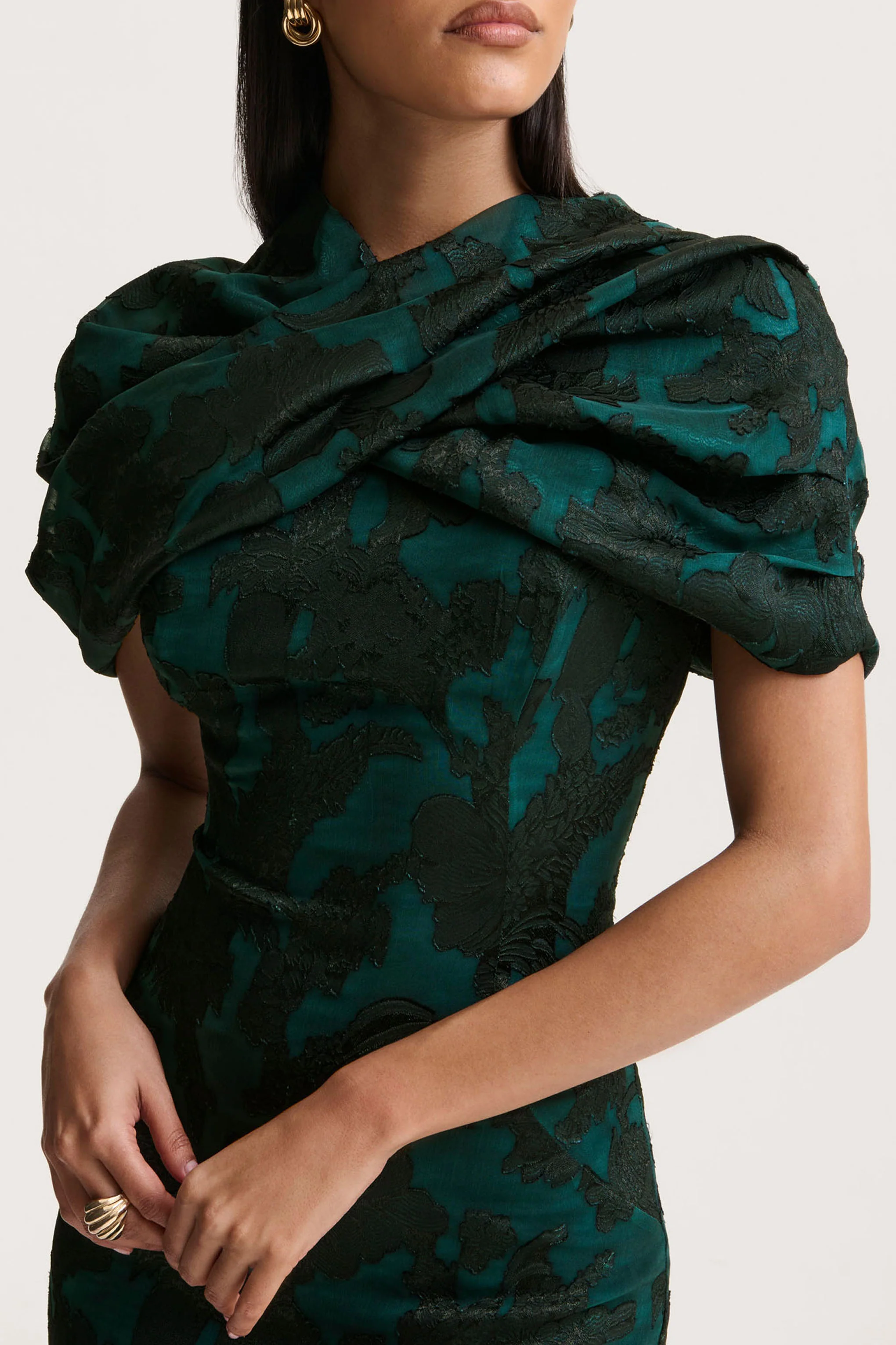 Hada | Dark Green Satin Devore Square-Neck Maxi Dress With Removable Twisted-Cape