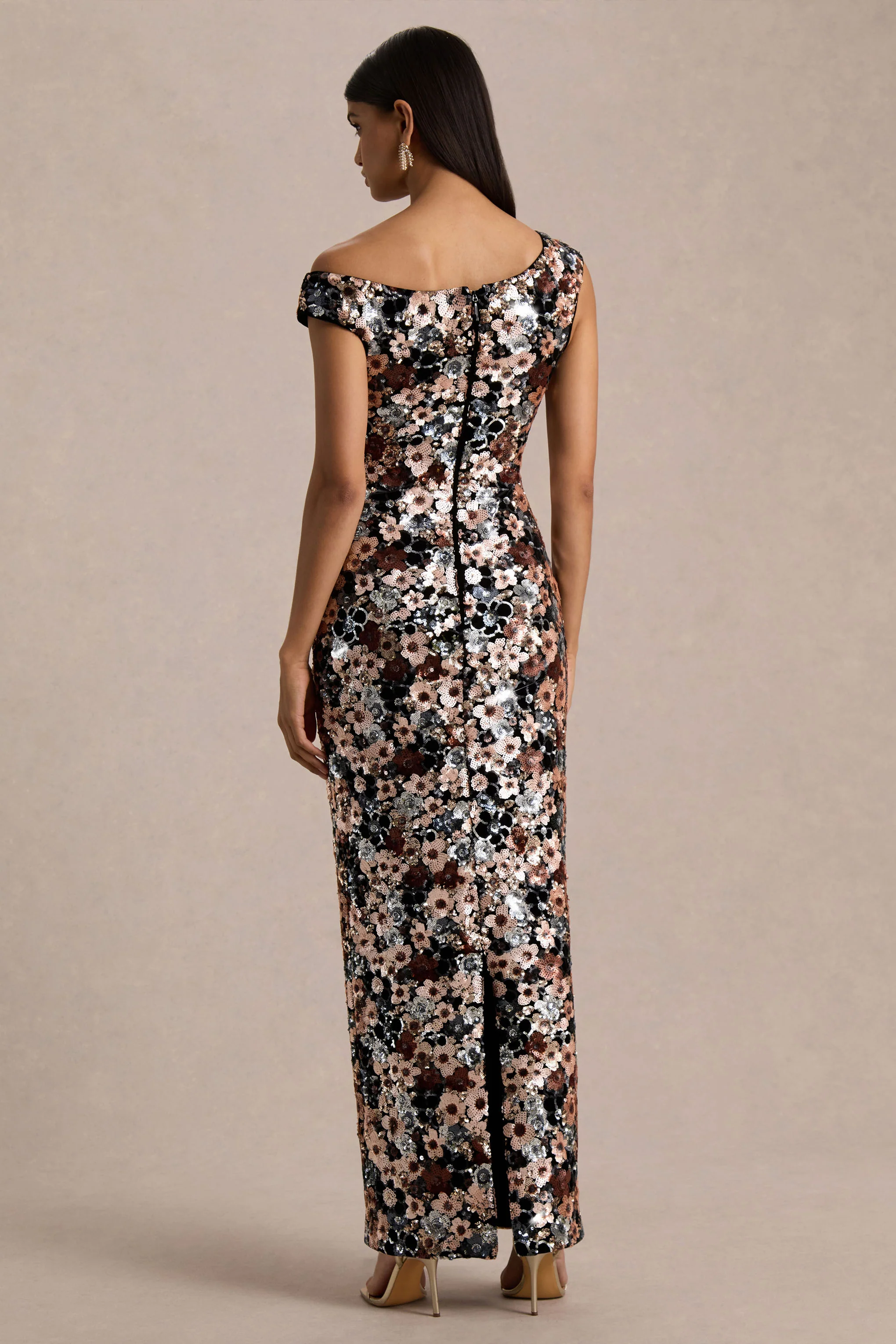 Electric | Black Velvet & Embellished Sequin Floral Asymmetric-Neck Maxi Dress