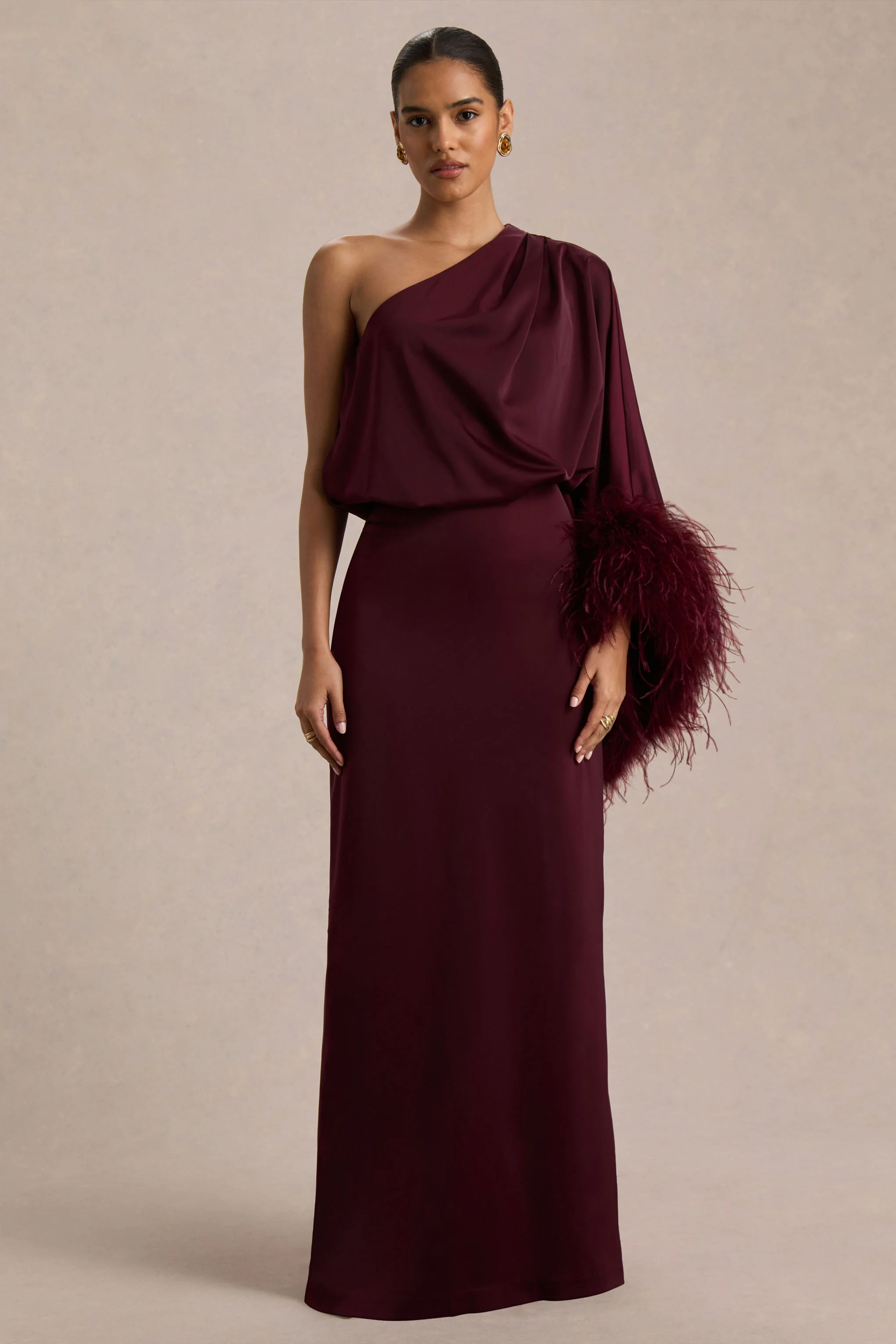Felicity | Burgundy Satin Asymmetric-Neck Maxi Dress With Feather Detailing