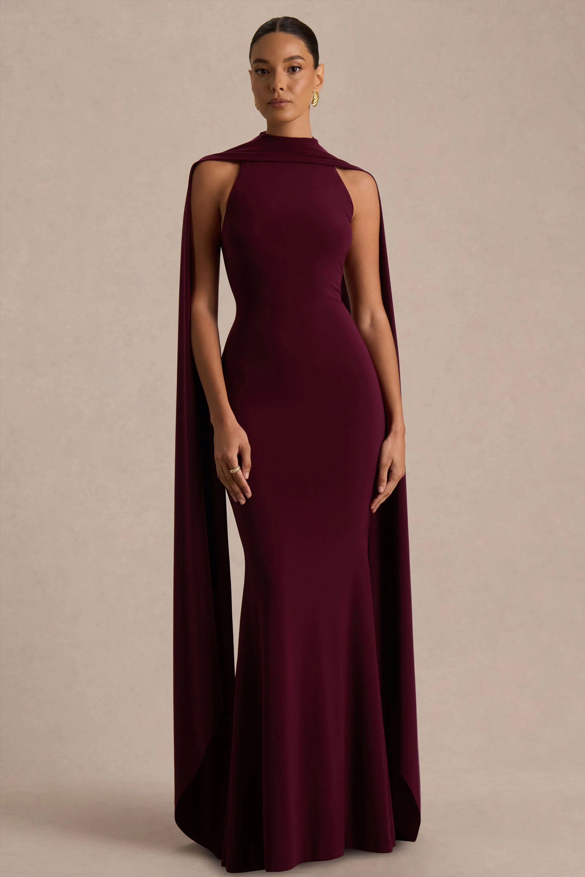 Cordy | Burgundy High-Neck Maxi Dress With Scarf-Detail